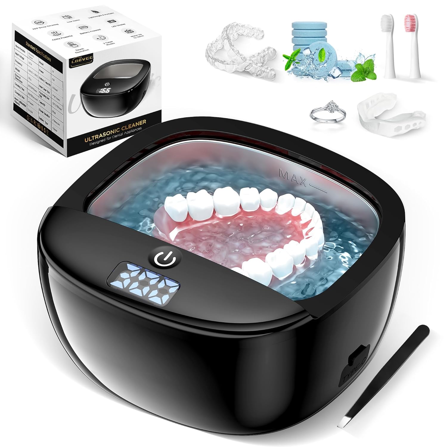 Wireless Ultrasonic Retainer Cleaner, Rechargeable Ultrasonic Cleaning Machine for Dentures, Retainer, Aligner, Mouthguards and Toothbrush Head, 43kHz Portable Ultra Sonic Jewelry Dental Clean Pod