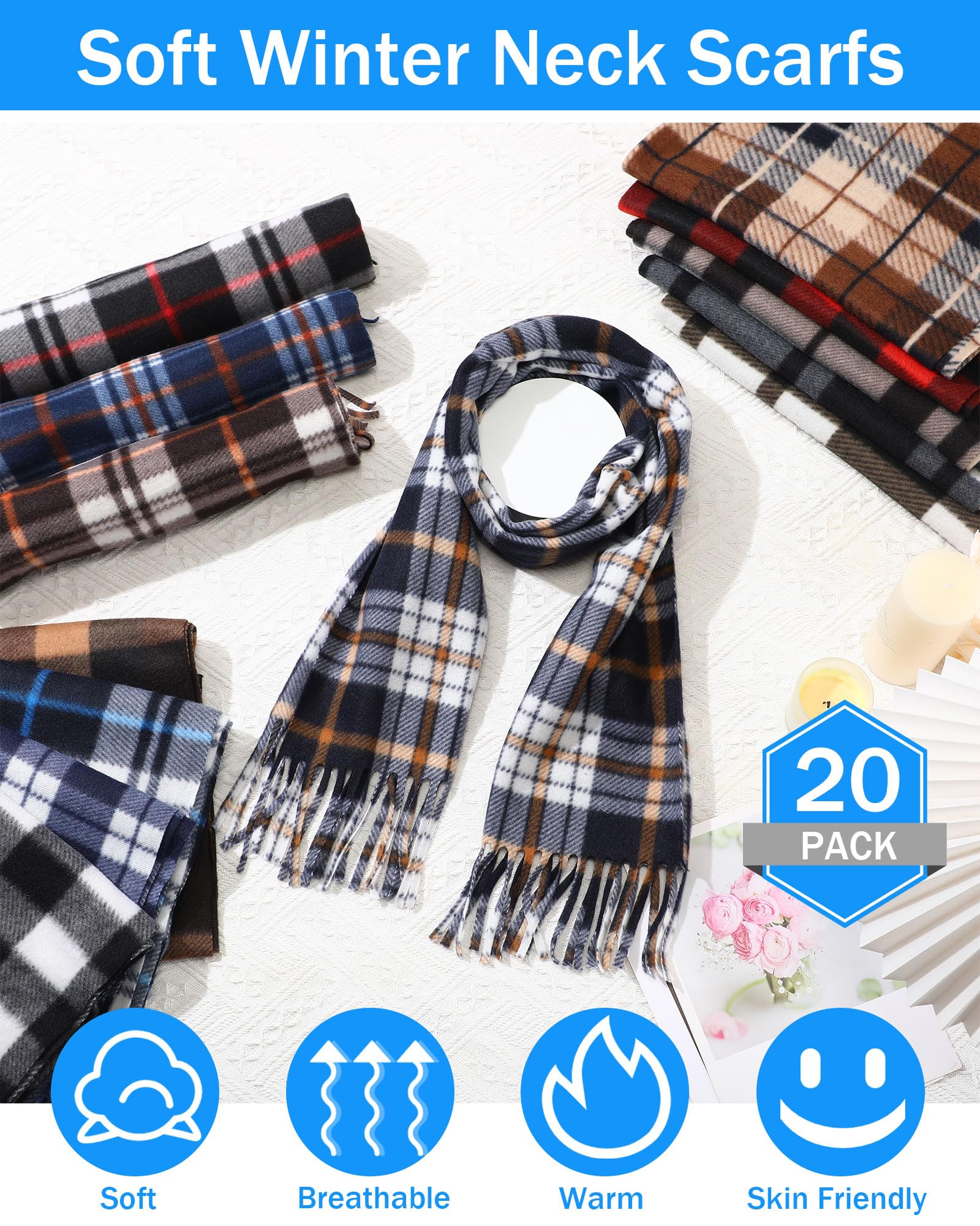 Paquete de 20 bufandas de invierno a granel unisex a cuadros, bufanda de cuello de invierno de punto de forro polar cálido, bufandas largas multicolor para mujeres y hombres, 57 x 12 pulgadas 7