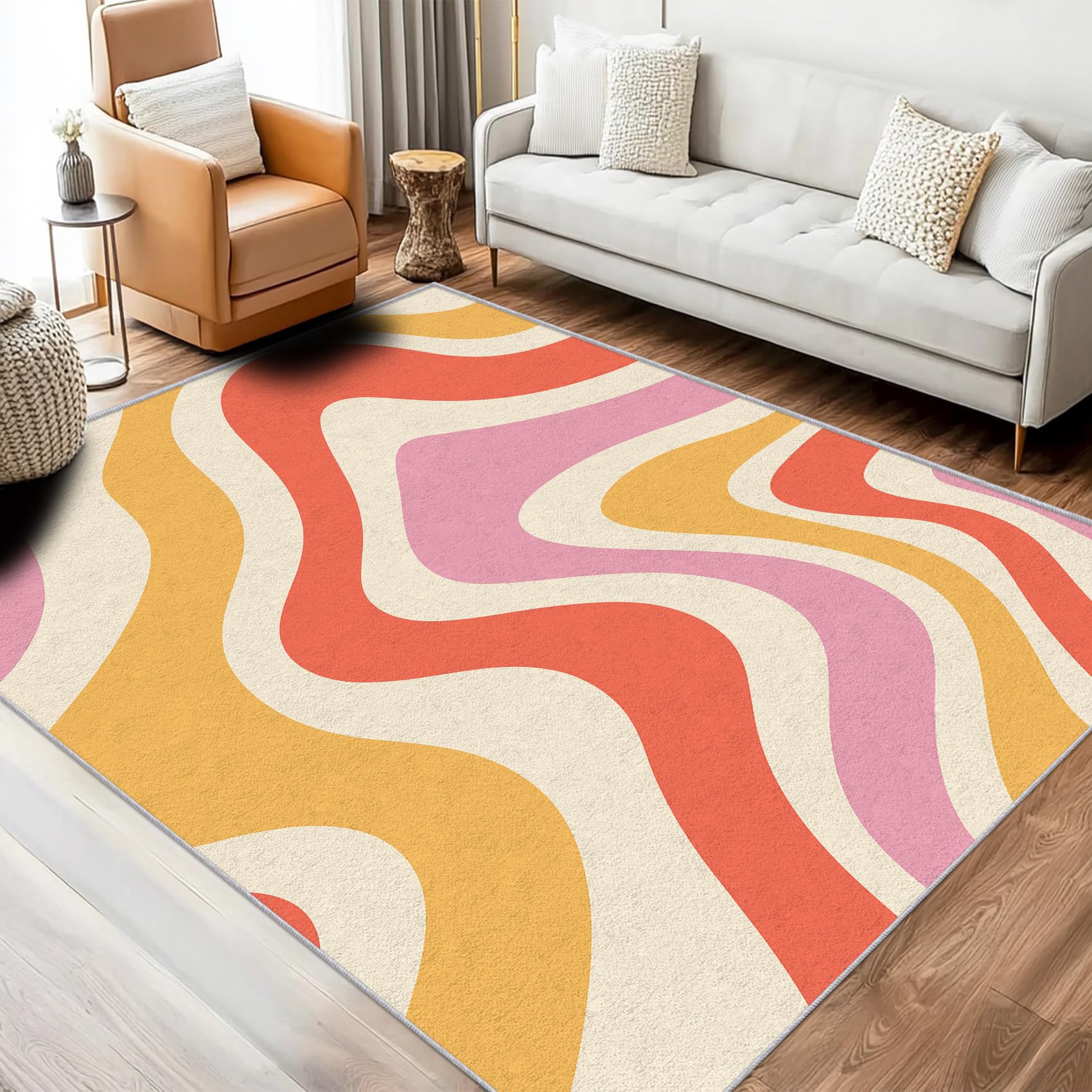 Generisch 70er Teppich 160 x 200 cm Wohnzimmer Mit Retro Vintage Abstrakt Textured Rosa Gelb Muster, 70er Bettvorleger Schlafzimmer Deko, Waschbar Teppiche Gegend Kurzflor rutschfest