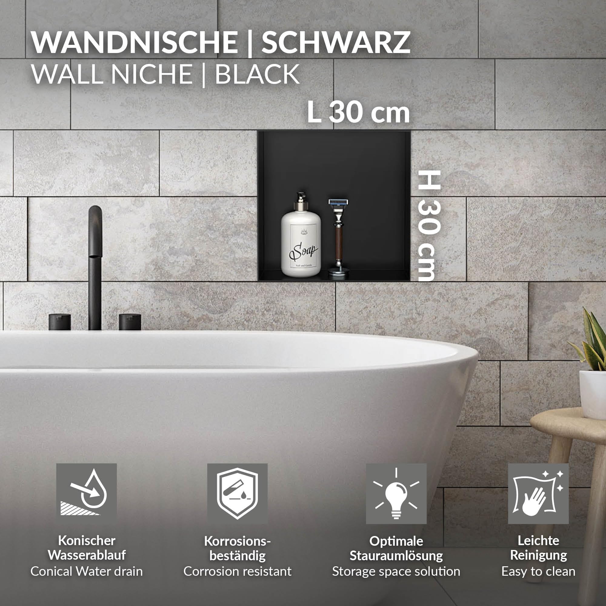 LuxeBath Nicho de Ducha de Acero Inoxidable 30x30x10cm cm Negro Marco de Pared Empotrado Alicatable Estante Integrado Instalación Flexible para Almacenamiento Organizador de Utensilios para Baño