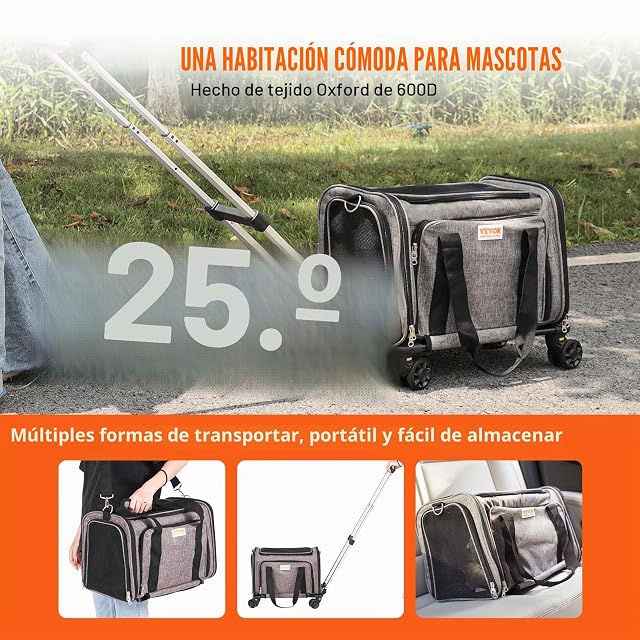 Foto 5 de 8 de VEVOR Transportín para Mascotas con Ruedas Carga de 11,3 kg Maleta para Gatos 46x28x28 cm Transportador…