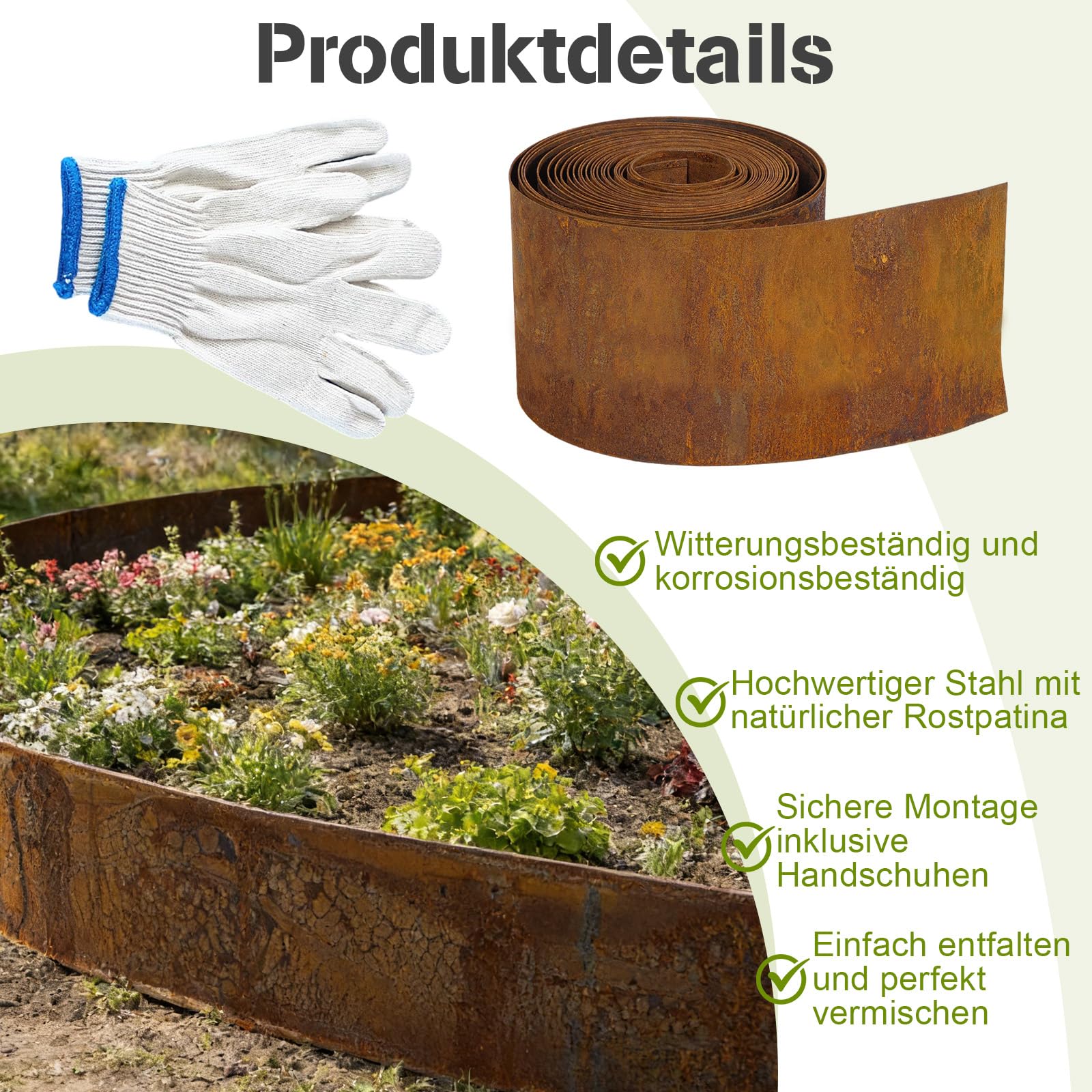 ohbien 10 m de borde de césped de acero corten flexible de acero corten para césped, borde de metal de 15 cm de alto, resistente a la intemperie, fácil montaje para jardín, bancal, césped y caminos