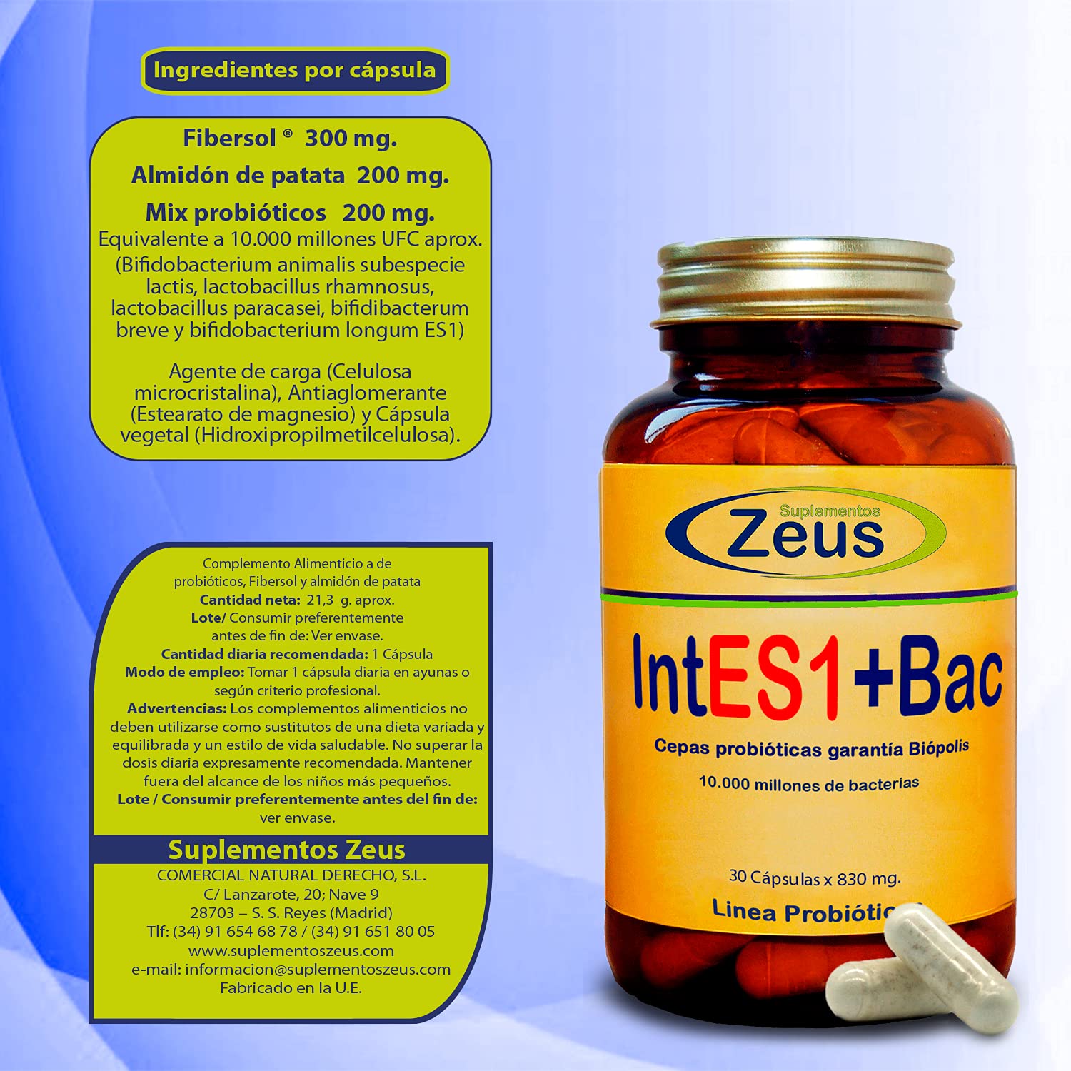 INTES1+BAC | Contribuye a equilibrar y regular la microbiota intestinal | Complemento Alimenticio a base de Fibersol®- 2, Probióticos y Almidón de patata | 100% Vegano | 90 Cápsulas Vegetales