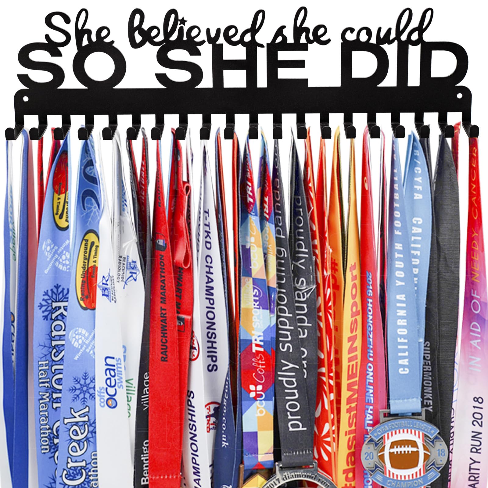 Sports Medal Hanger Display Holder Hook Rack for 60 Medals – She Believed She Could So She Did (16" Wide with 20 Hooks) - Black- Awesome Gifts