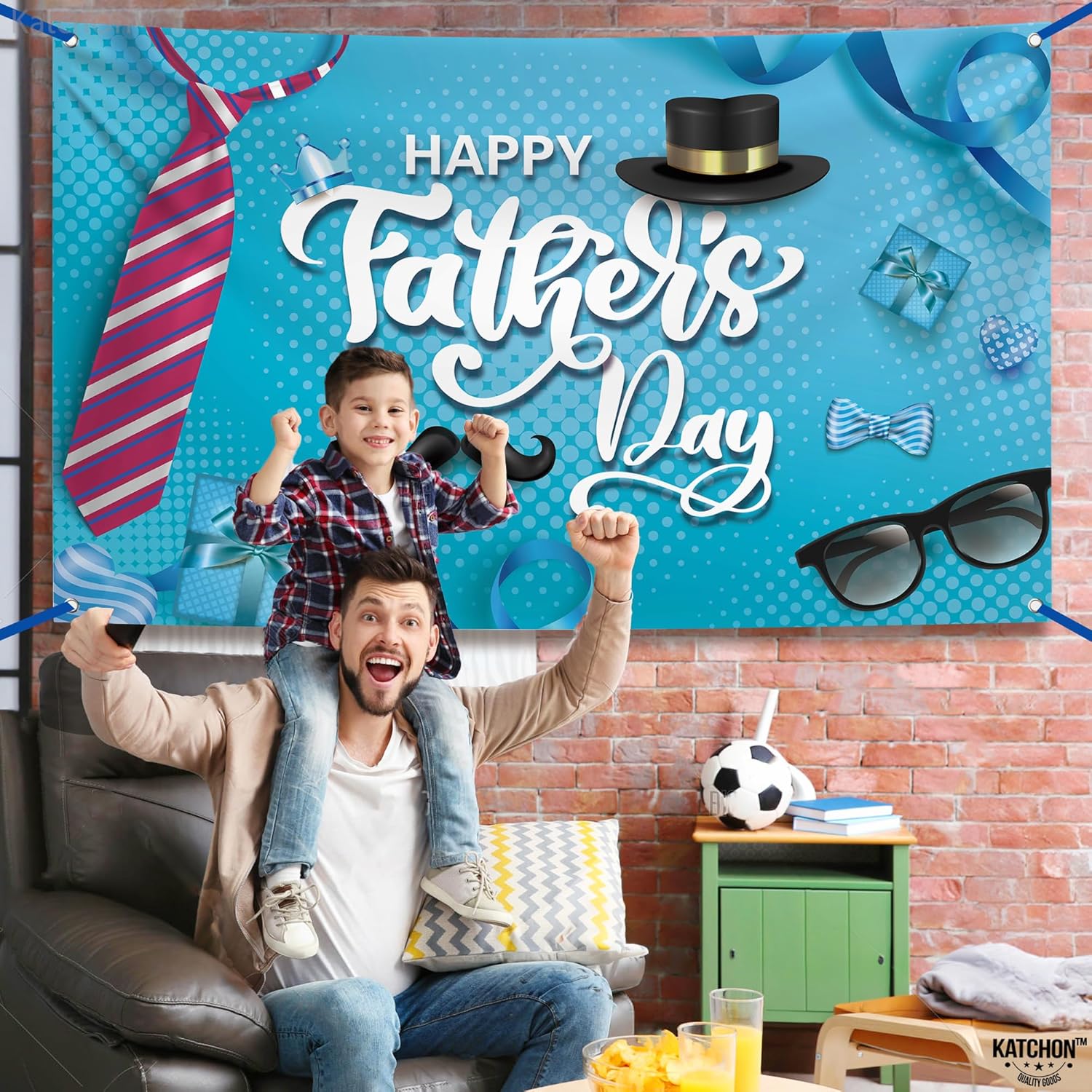 KatchOn, Blue Happy Fathers Day Banner - XtraLarge, 72x44 Inch | Happy Fathers Day Decorations for Party | Happy Fathers Day Backdrop for Photography, Father's Day Decorations, Happy Fathers Day Sign