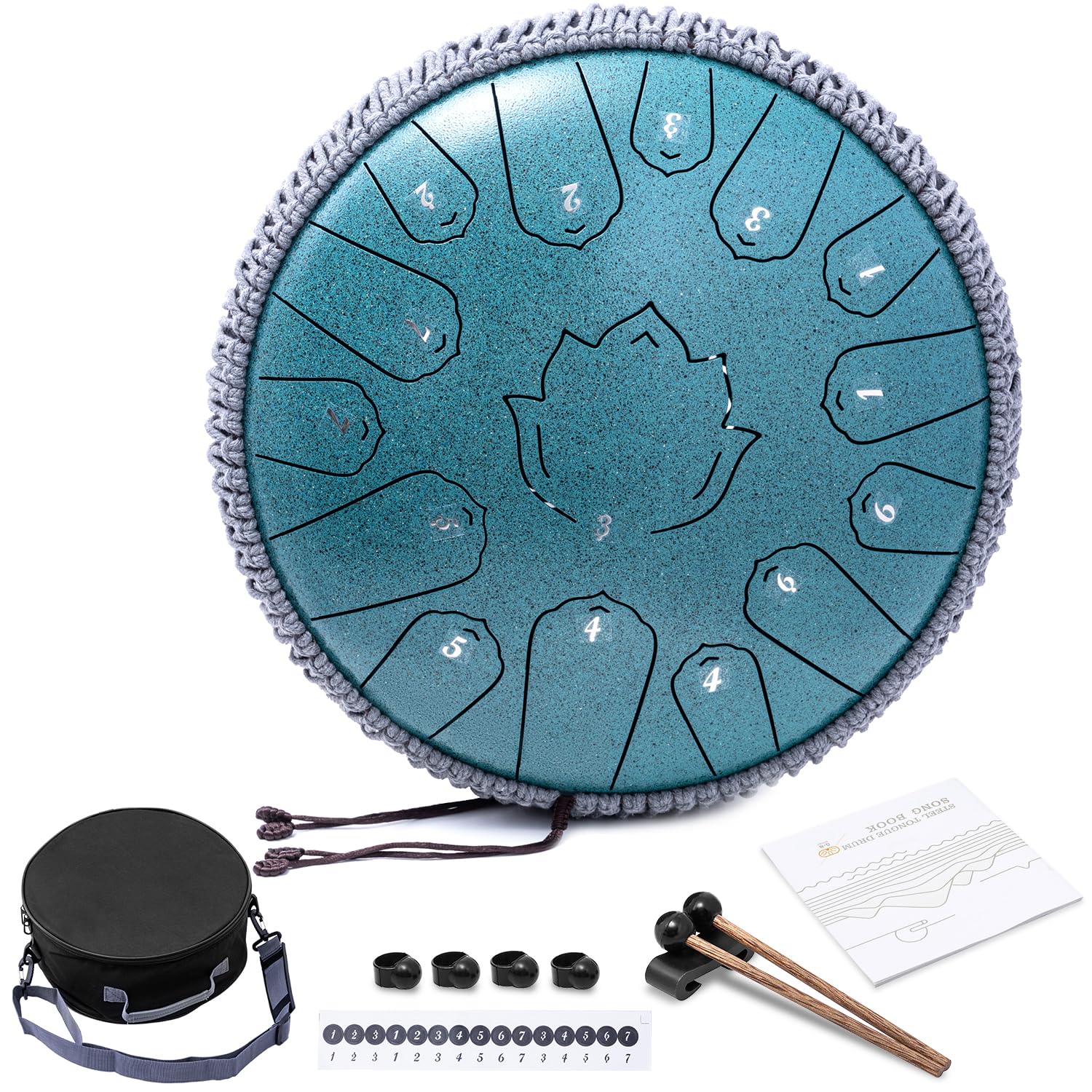 Steel Tongue Drum 13 Inch 15 Notes,Hand Drums with C-Key Travel Bag Drumsticks Holder Finger Paddles and Music Book,Handpan Percussion for Musical Education Meditation Yoga Gifts(Malachite)