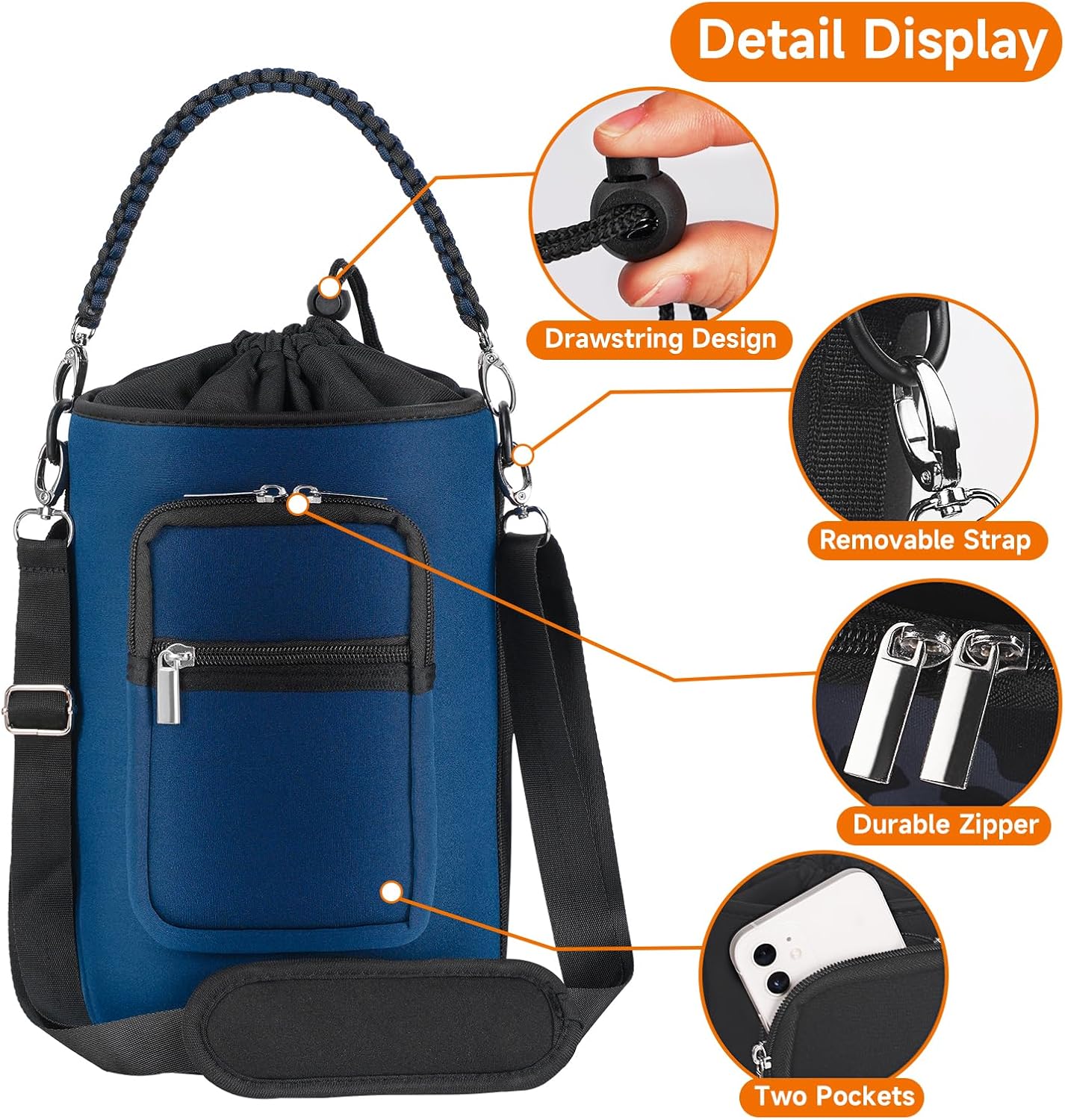 32/40/64/128 oz Neoprene Insulated Water Bottle Carrier Bag, Sling Bag Sleeve Pouch Holder with Strap & Paracord Handle and 2 Pocket for Travelling, Hiking, Camping - Image 7