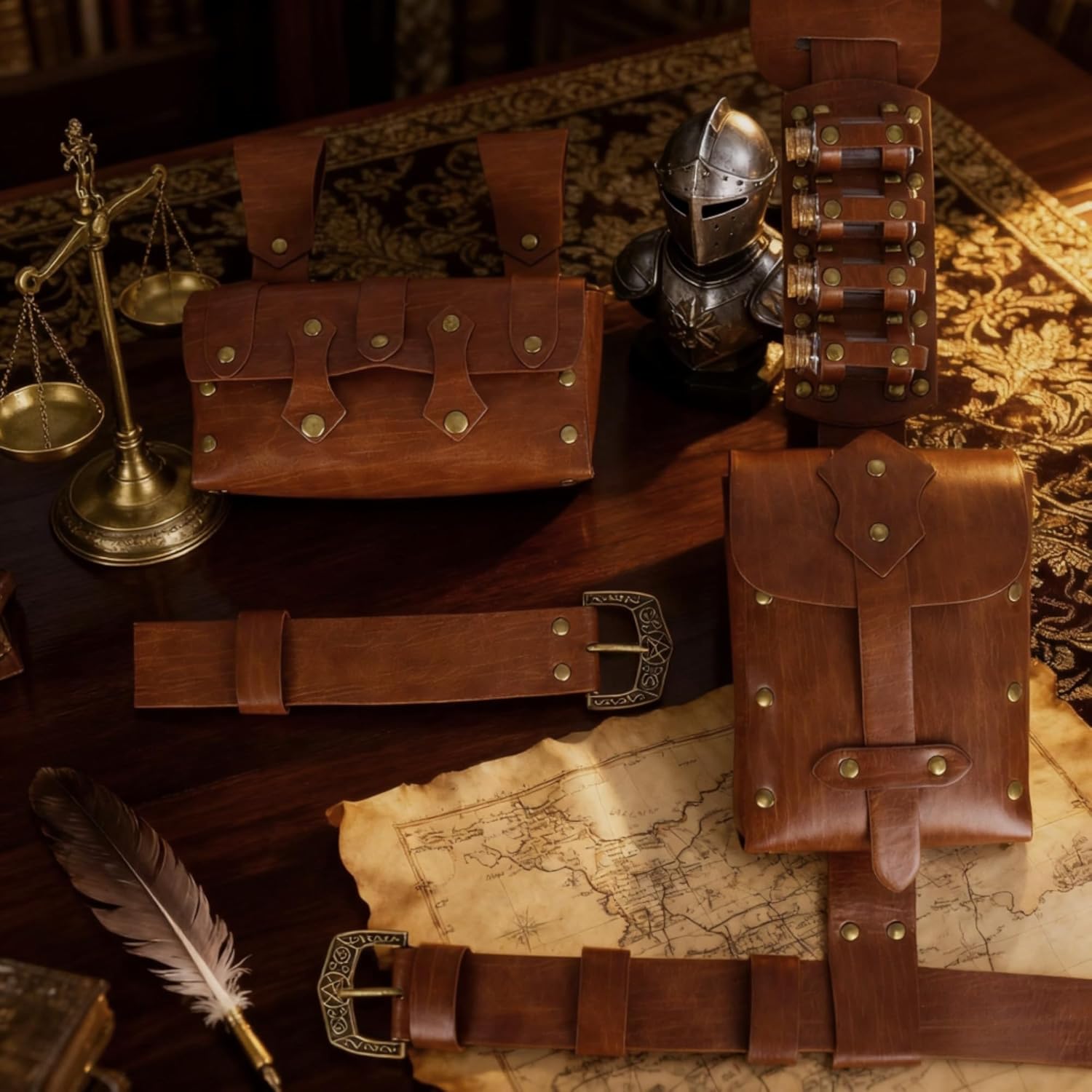 Medieval Baldric Belt Bag Adjustable Renaissance Faux Leather Accessory with Fantasy Alchemy Potion Bottle Holder