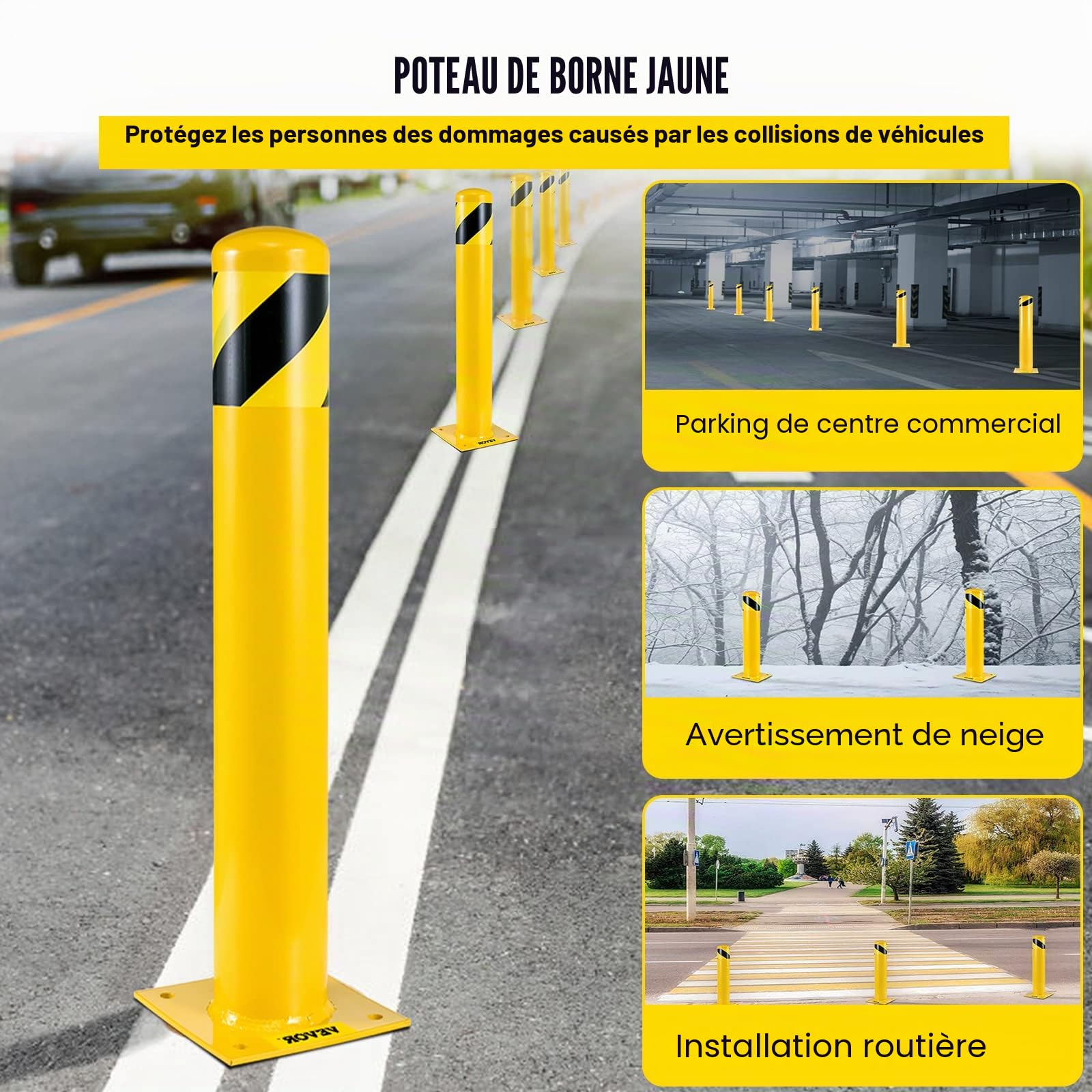 VEVOR Bollard de Sécurité 91x14 cm 2PCs, Borne de Sécurité en Tuyau d'Acier, Revêtement en Poudre Jaune, Barrière de Sécurité avec 8 Boulons d'Ancrage pour Parking, Stationnement, Piétons, Écoles