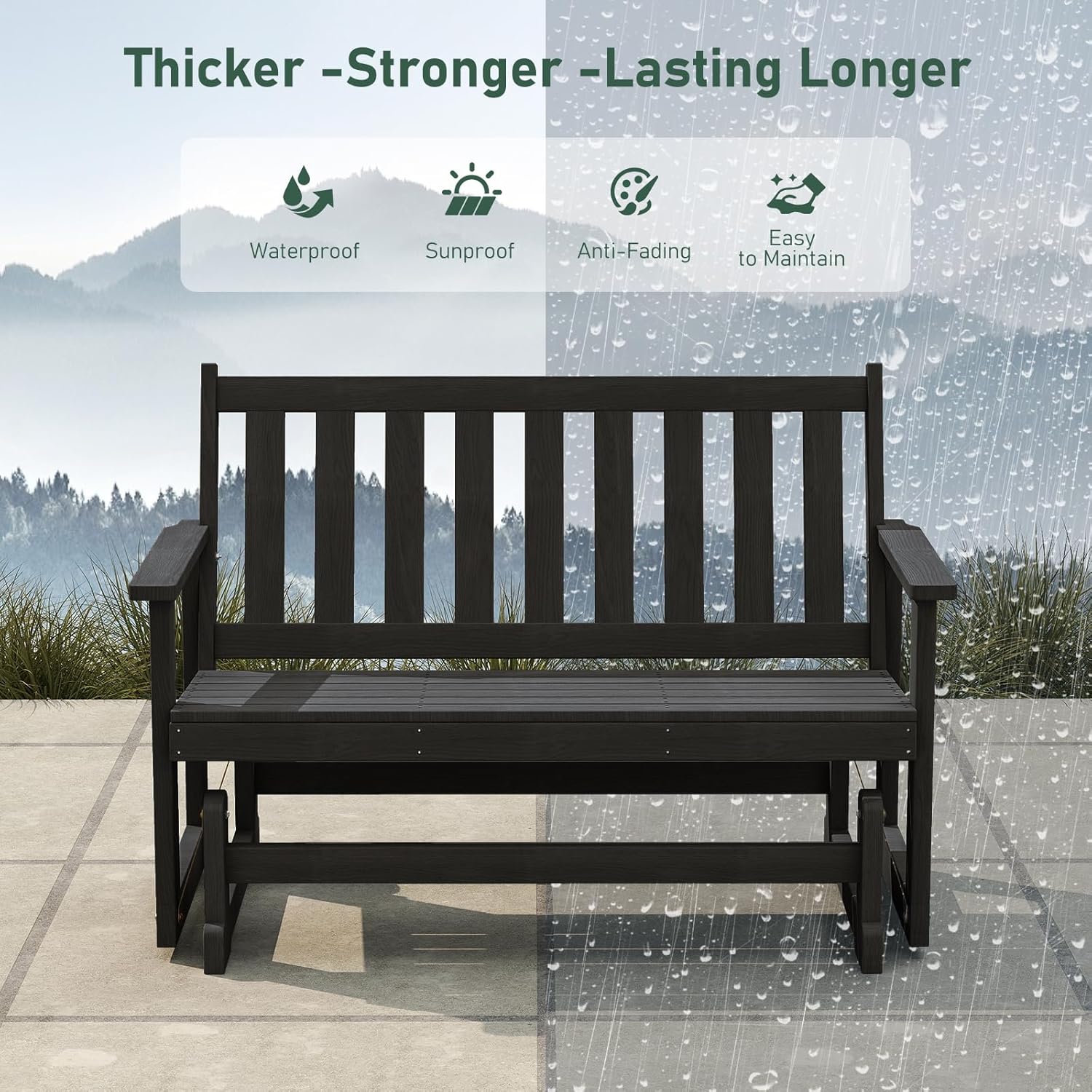 Furnimart Patio Glider Set of 2, All-Weather HDPE Outdoor Loveseat with High Backrest & Smooth Gliding Motion, Heavy Duty Glider Bench for Backyard, Garden, Porch, Black