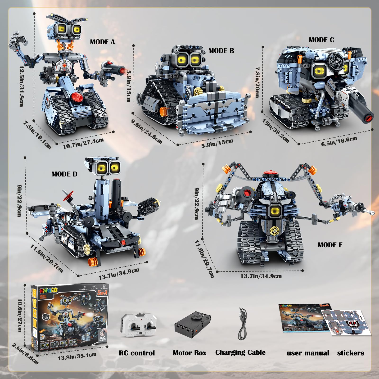 HiWEEGO Technik Roboter Bausatz für Kinder mit LED Augen, 5-in-1 App Fernbedienung Roboticset Baustein RC Bulldozer/Panzer/Engineering Spielzeug Geschenk für Jungen Mädchen Teens 8+ Jahre (699 Stück)