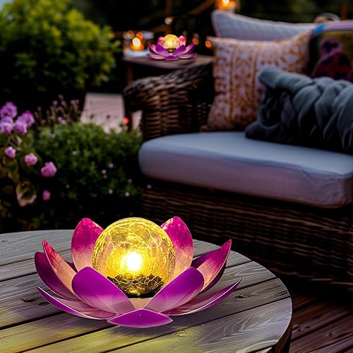GIGALUMI Luz solar para decoración de jardín al aire libre, luz de flor de loto, globo agrietado, farol de cristal, decoración de mesa al aire