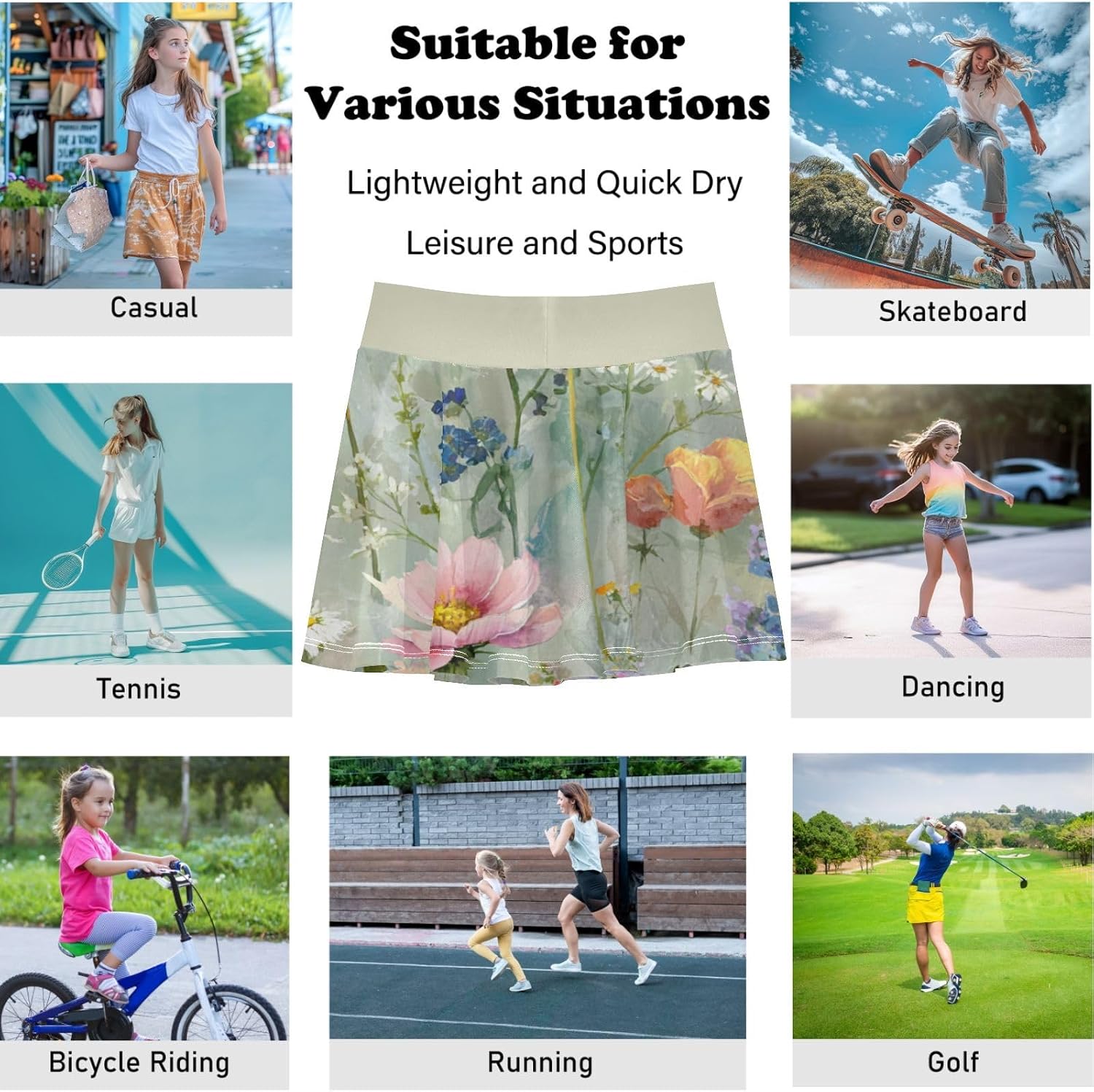 visesunny Countryside Retro Wildflower Girl's Golf Skirt Athletic Tennis Skort Sport Activewear with Double Layer Pockets