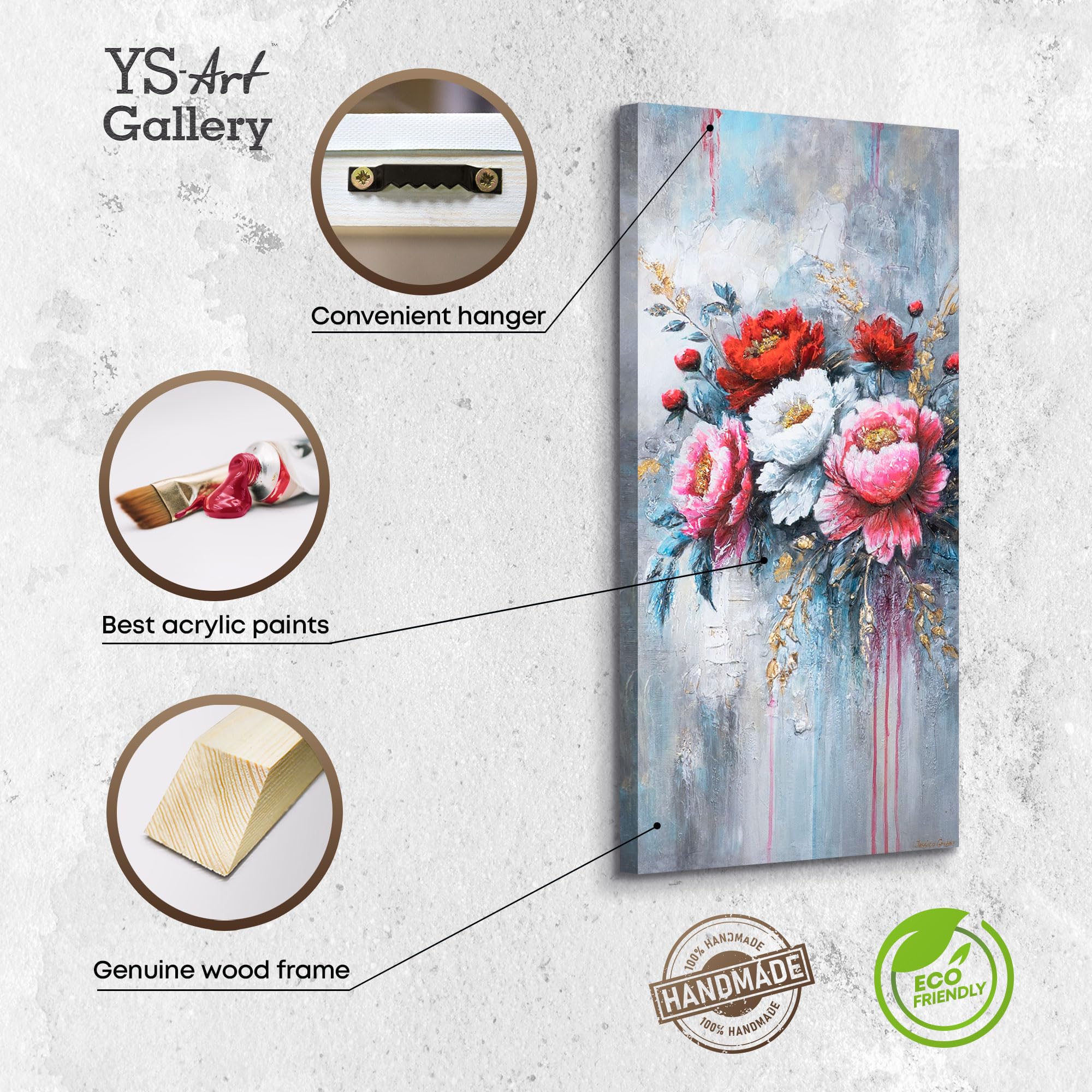 YS-Art Dipinto Acrilico Originale | Elegante Bouquet di Peonie | Tela Floreale Sofisticata | Arte Moderna da Parete per Soggiorno 115x50 cm