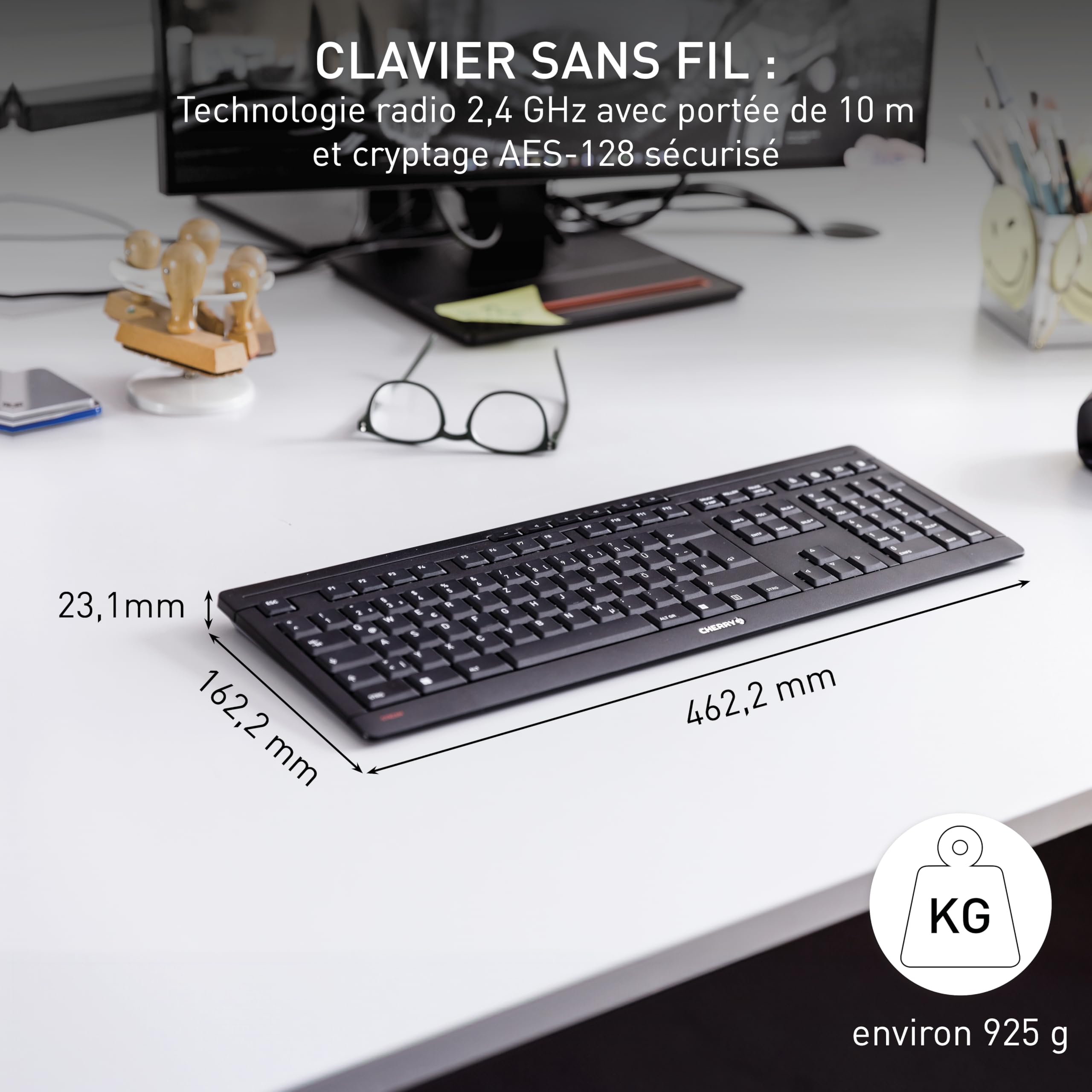 CHERRY Stream Keyboard Wireless, Clavier sans Fil, Disposition française (AZERTY), Connexion Radio 2,4 GHz, Touches silencieuses, Design Plat, Alimenté par Batterie, Noir