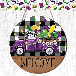 11.8inch Mardi Gras Welcome Front Door Wood Sign New Orleans Carnival Fleur De Lis Beads Purple Truck Sign Mardi Gras Wreath Wall Hanger for Farmhouse Porch Door Outdoor Indoor Decor