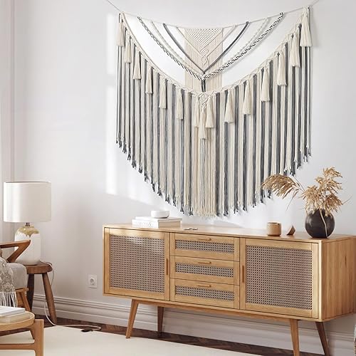 Miniatura 6 de LOMOHOO Tapiz grande de macramé para colgar en la pared, arte geométrico, bohemio, de algodón, decoración de pared, gris, bohemio, decoración del
