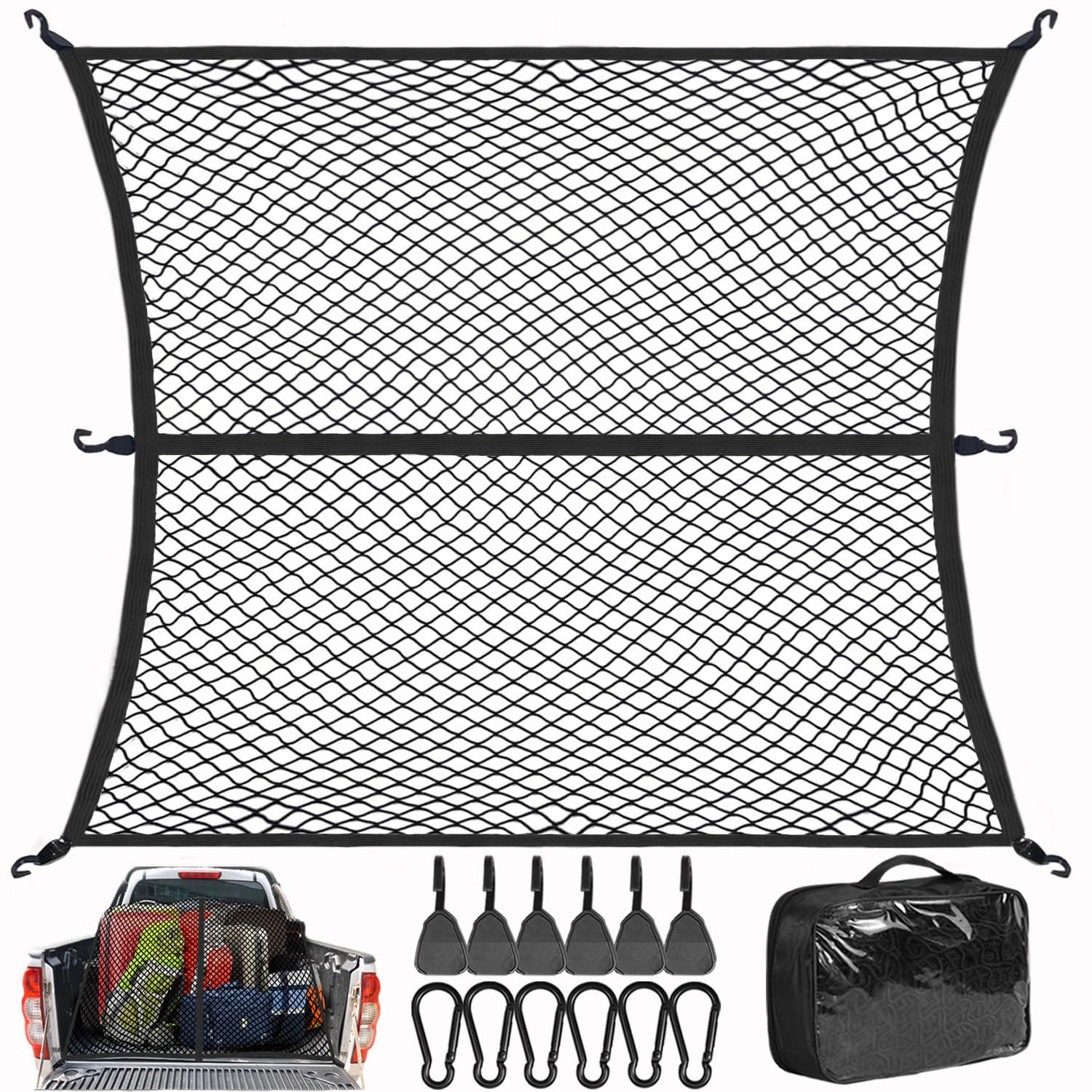 Cargo Net for Pickup Truck Bed,Truck Bed Cargo Net,Truck Bed Net,Stretchable Mesh Organizer for Pickup,4'x4' Stretches to 8'x8', Suitable for Daily Light Loads of Trucks SUV, Boat (4'x4')