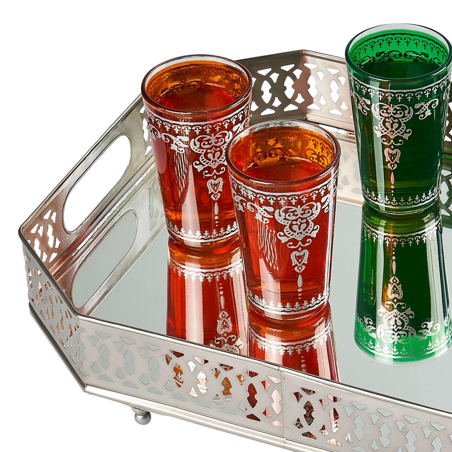 MARRAKESCH Agata prostokątna taca z lustrem o wielkości 34 cm, srebrna | taca na świece prostokątna z metalu z wysoką krawędzią | taca do serwowania w stylu vintage | orientalna srebrna dekoracja na
