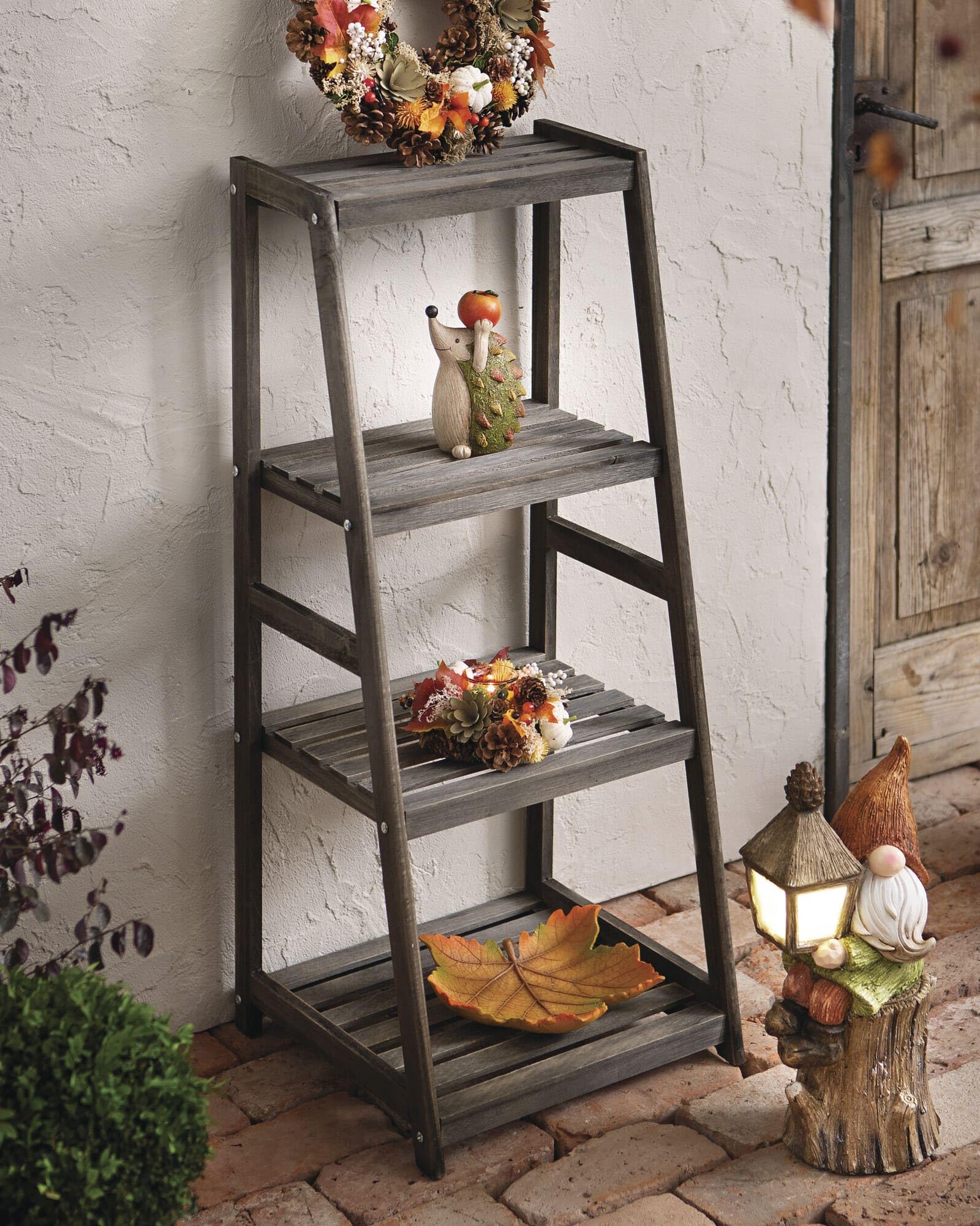 Dekoleidenschaft Leiterregal aus Holz im Antik Design, grau, Regal mit 4 Ebenen, Blumenregal, Standregal, Pflanzentreppe, offenes Bücherregal für Wohnzimmer, Küche, Terrasse