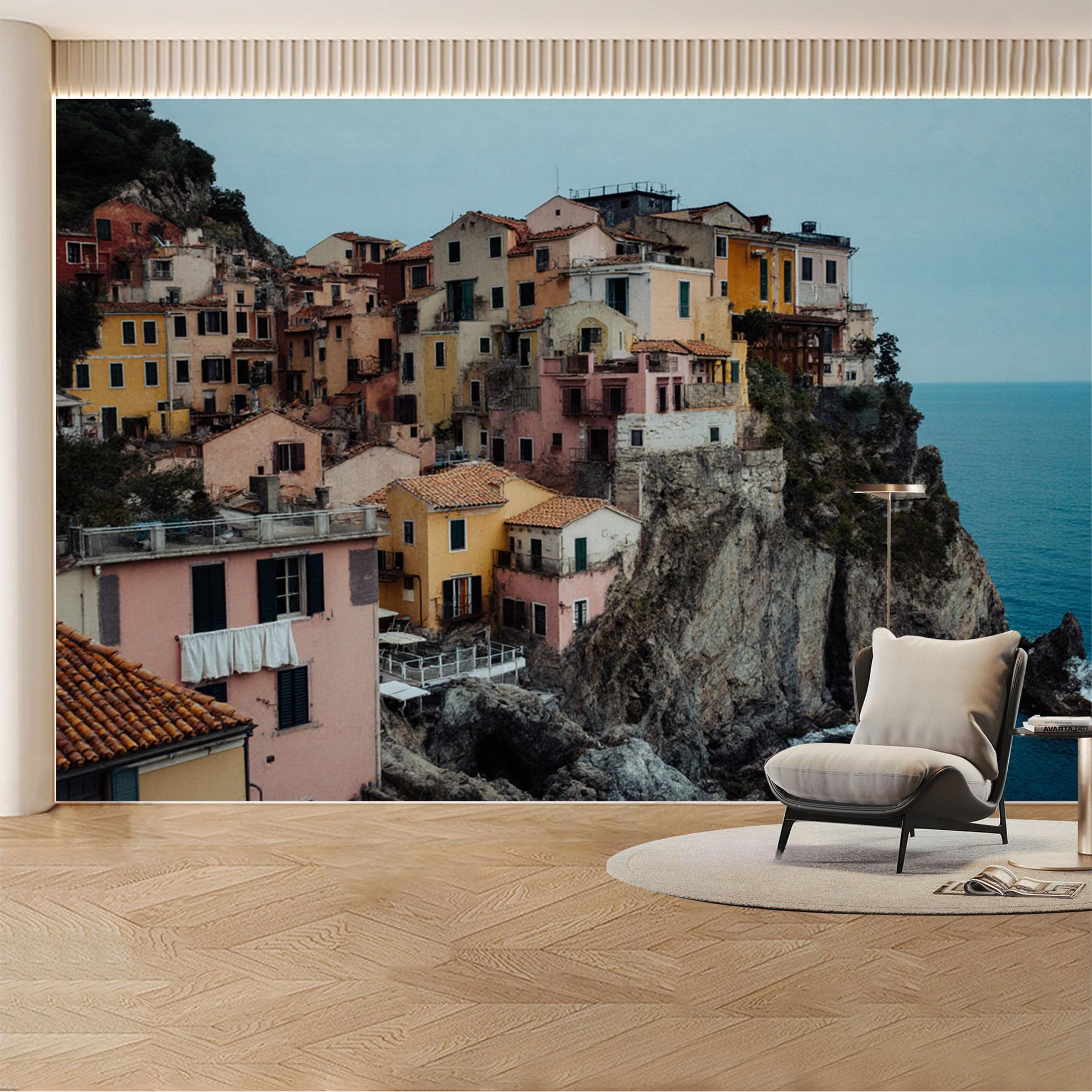 Custom Wall Mural Wallpaper Coastal Italian Village， Ocean Landscape Large Wall Art， Vintage Mediterranean Decor Removable SelfAdhesive Large Photo for Living Room， Bedroom， Office