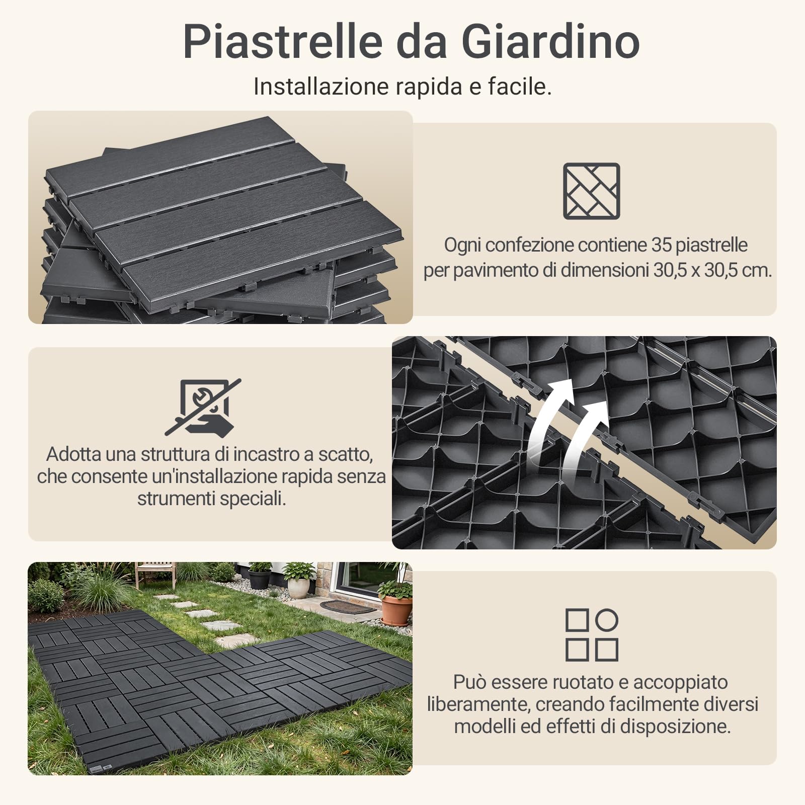 Sobuy Set da 35 Pezzi Piastrelle da Giardino, Pavimento per Esterno ad Incastro Mattonelle per Esterno Antiscivolo Impermeabile Piastrelle per Giardino e Balcone Grigio 30.5x30.5x2 cm SDA15-HG