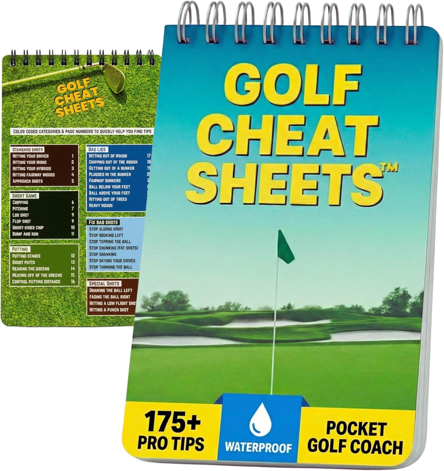 Dude Golf Cheat Sheets Complete Set — Original + Yardage Edition | 175+ Pro Tips, Club Ranges & Distance Tracker | Waterproof, Spiral-Bound, Pocket-Sized Golf Guide