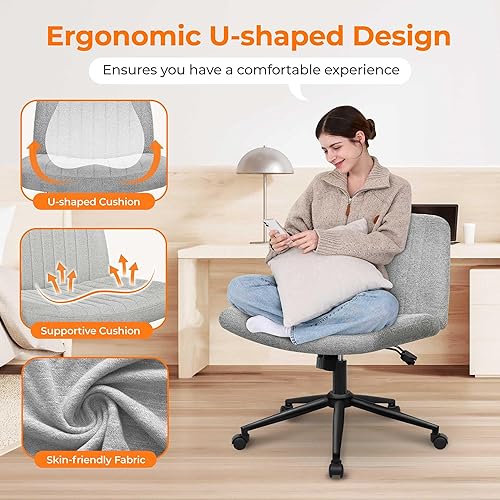 Miniatura 10 de NEO CHAIR Silla cruzada con ruedas y almohadillas, sillas de patas cruzadas para oficina en casa, escritorio ergonómico para computadora, asiento