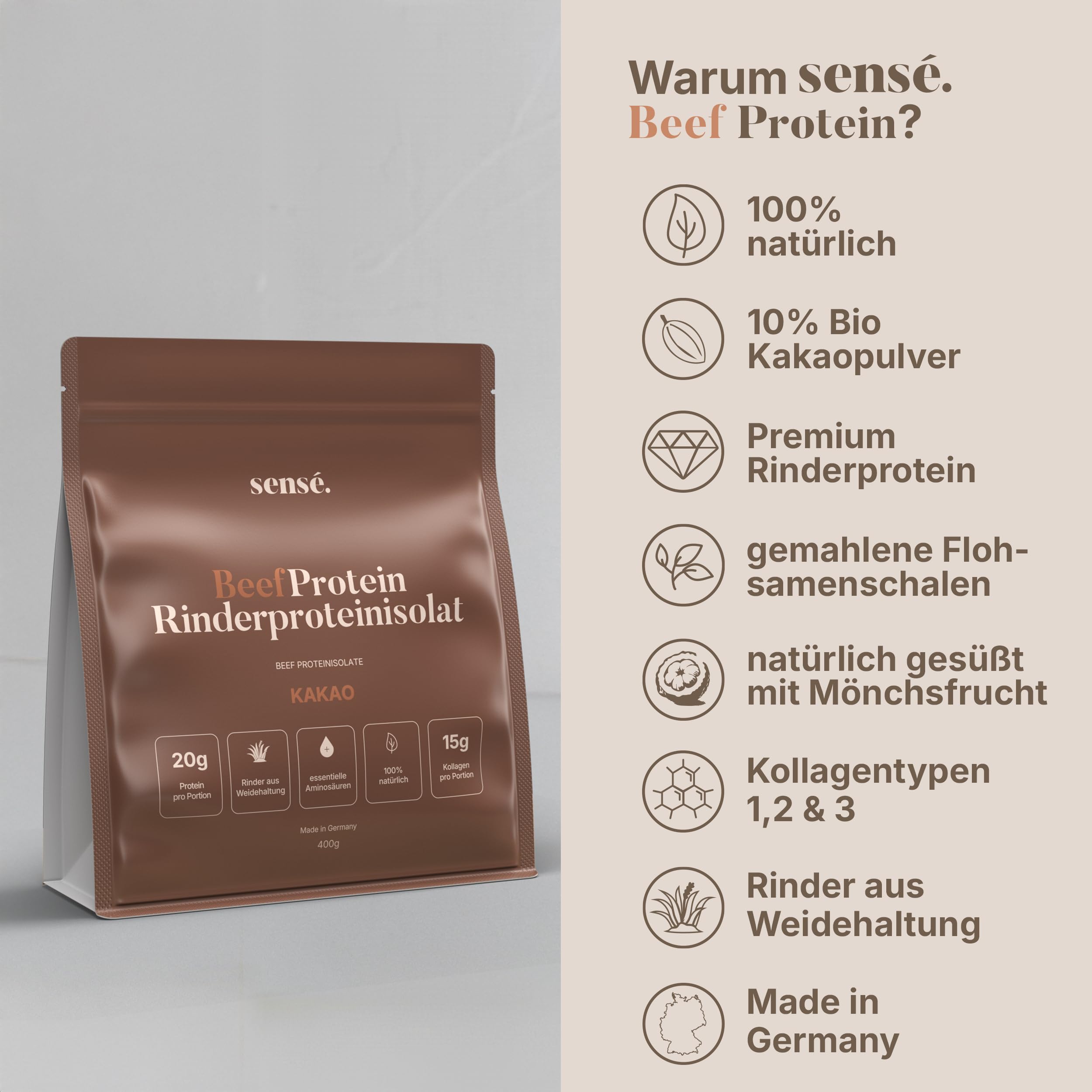Sensé. Rinderprotein Pulver Kakao 400g -100% natürlich | 20g Protein | 10% Kakaopulver & Flohsamenschalen | Bioaktiv | Kollagen 1,2+3 | Knochenbrühe vom Weiderind | Bone Broth | Made in Germany