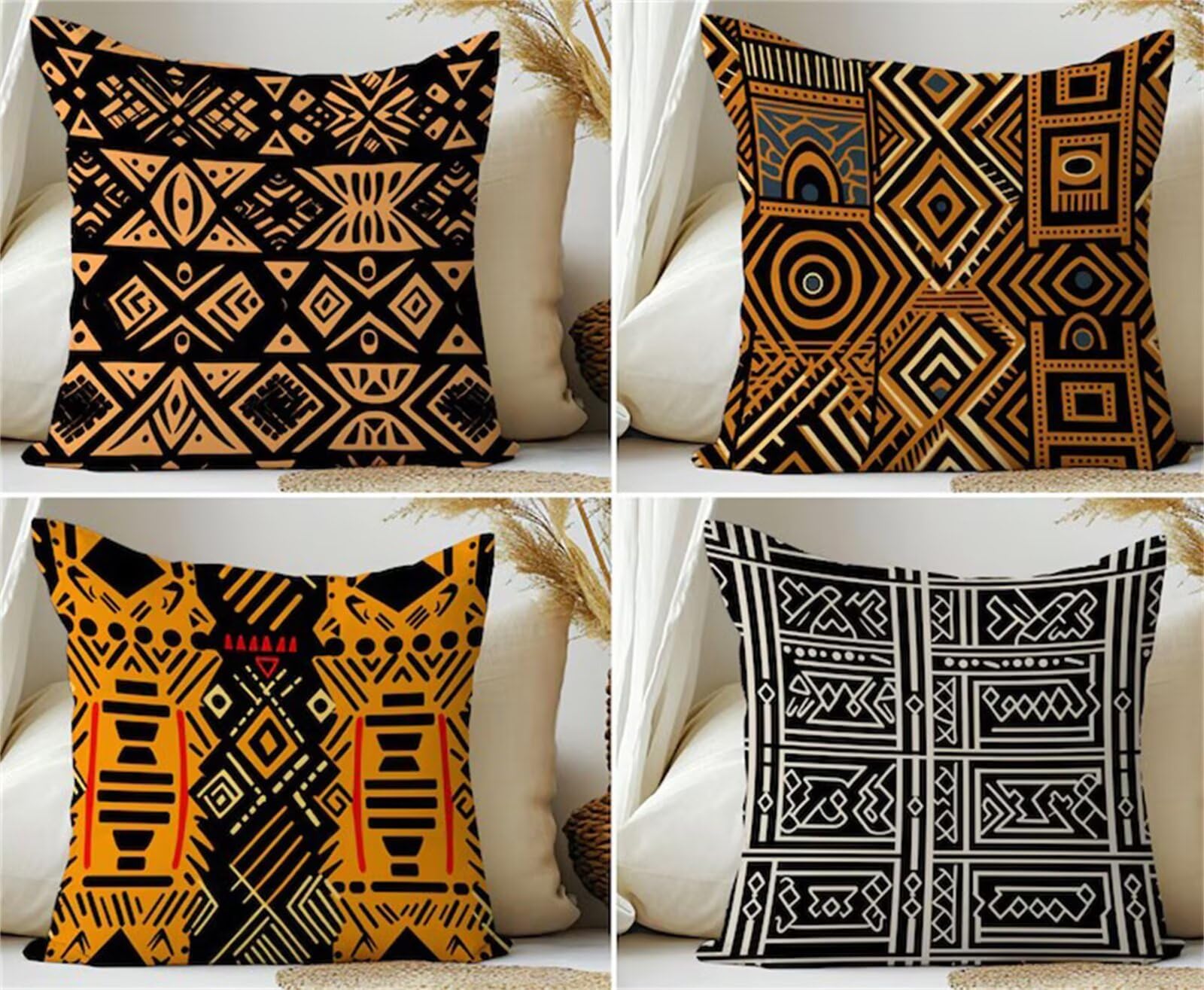 Heaen Outdoor Cushions Covers Waterproof 35x35 cm Set of 4 Square Linen Pillow Cases Black Yellow Geometric Decorative Dushions for Sofa Porch Patio Home Decor