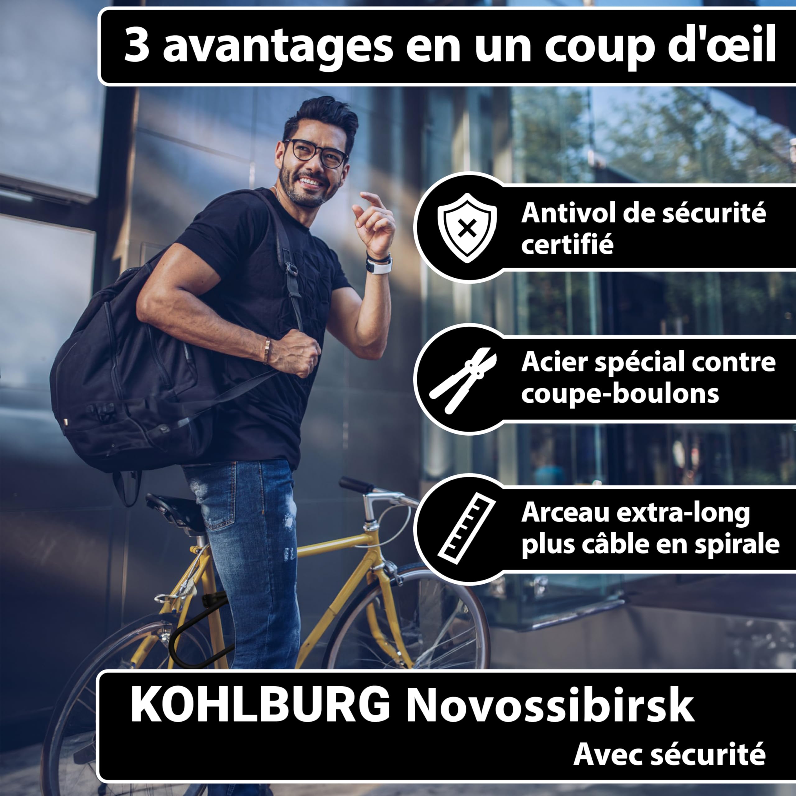 KOHLBURG Antivol en U, FUB 2 Roues - Avec Câble de 170 cm, 4 clés, support | Sold Secure Diamond, Sécurité maximale 15/15, Grand format pour vélo électrique & bicyclette, Serrure vélo et U‑Lock Bike