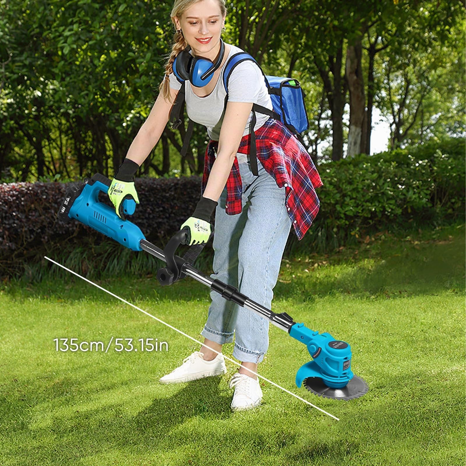 Tondeuse à gazon électrique 21V 800W 18000 tr/min manche télescopique 90-120 cm pliable 5 lames