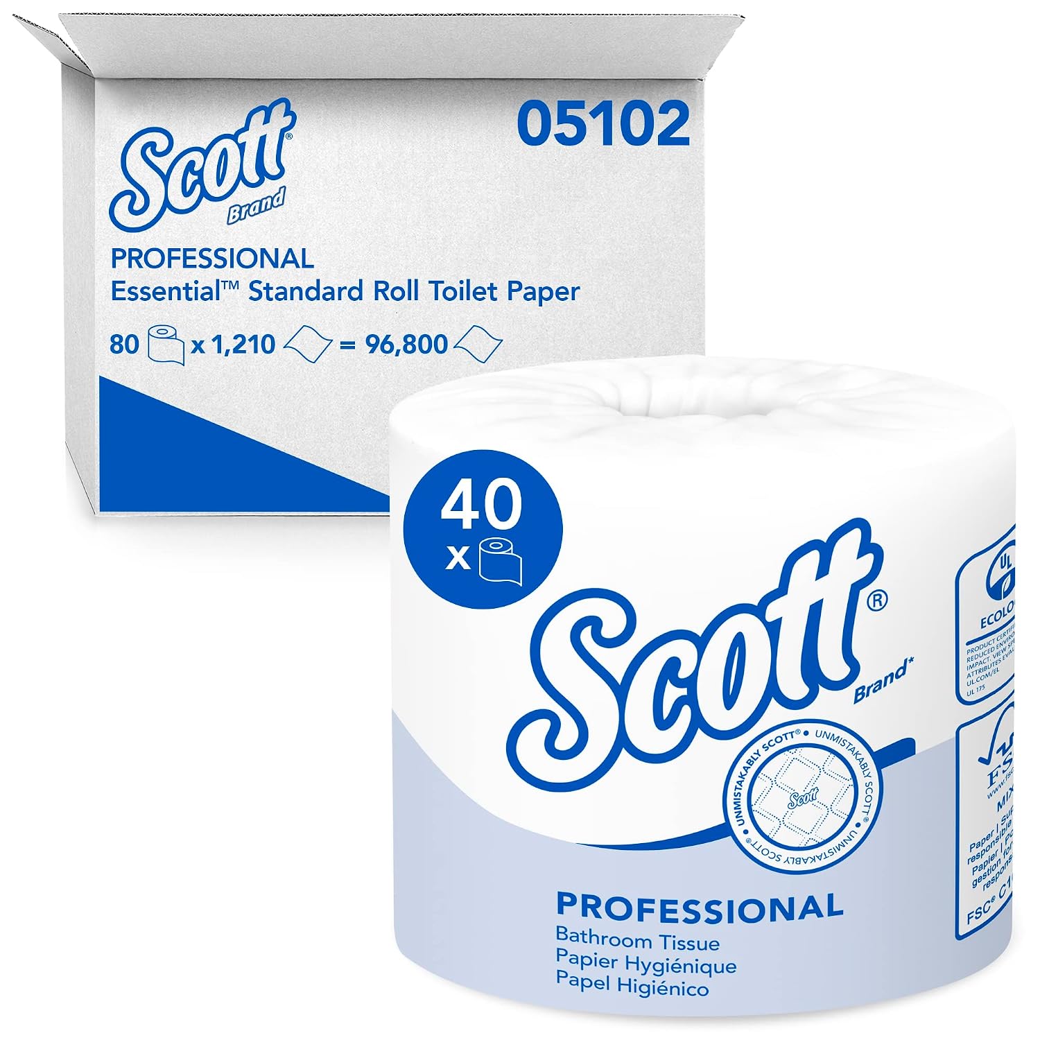 Scott 05102CT Standard Roll Bathroom Tissue, 1-Ply, 1210 Sheets per Roll (Case of 80 Rolls),White