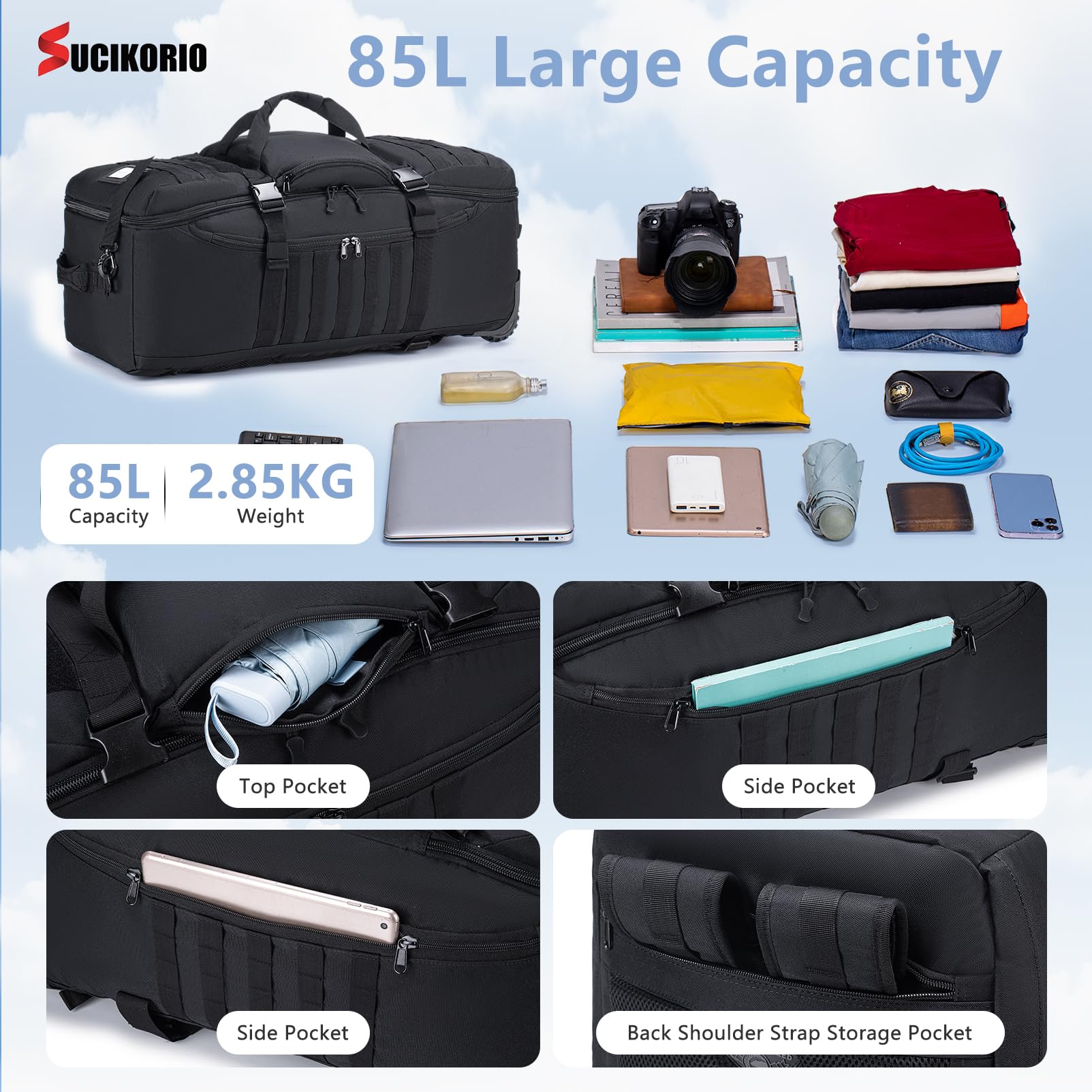 Borsone tattico da viaggio con ruote e maniglia 3 in 1 grande 85L XL zaino da viaggio impermeabile Oxford bagaglio a mano borse di distribuzione con lucchetto a combinazione, nero
