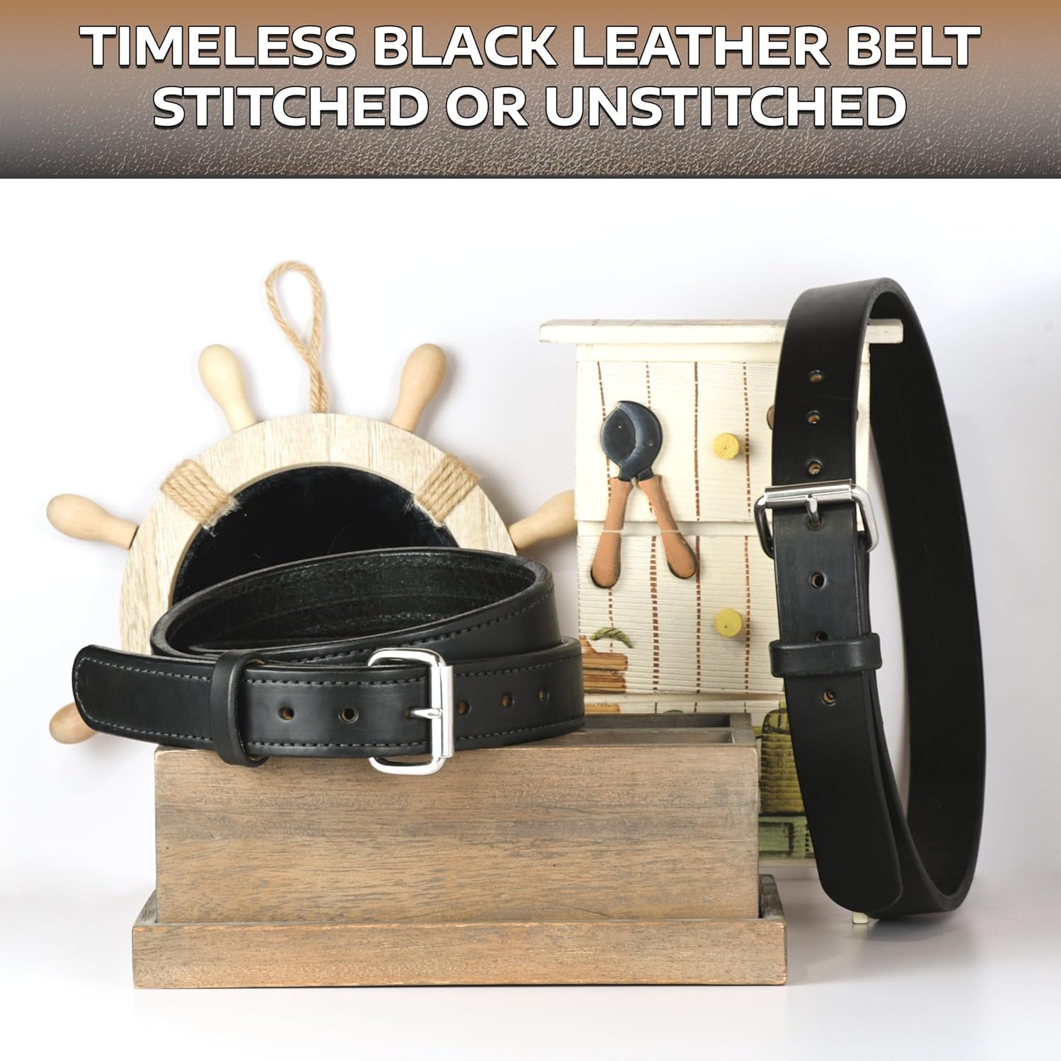 USA Made 1.5" Full Grain Leather Belts for Men, 12oz Veg-Tanned Cowhide, Stainless Steel Roller Buckle, Black & Brown