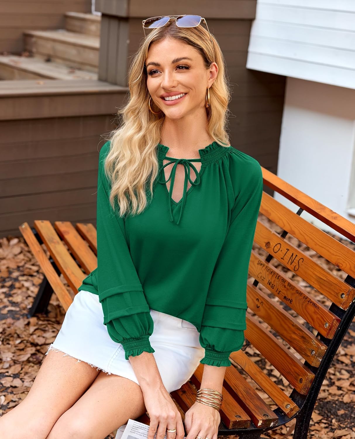 Womens Tunic Tops 3/4 Sleeve Blouses for Women Dressy Casual V Neck Shirts Drawstring Smocked Top - Image 2