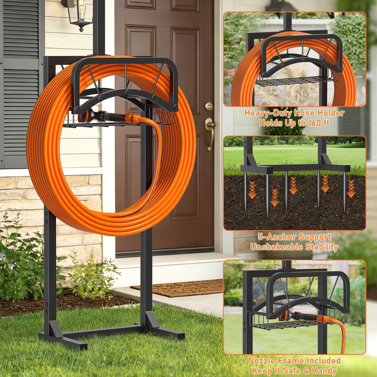 Garden Hose Holder for Outside, Upgraded Heavy Duty Freestanding Water Hose Holder Stand with 5 Spikes, Storage Basket & 2 Shepherd Hooks, Supports Up to 160 FT Hose for Yard Lawn