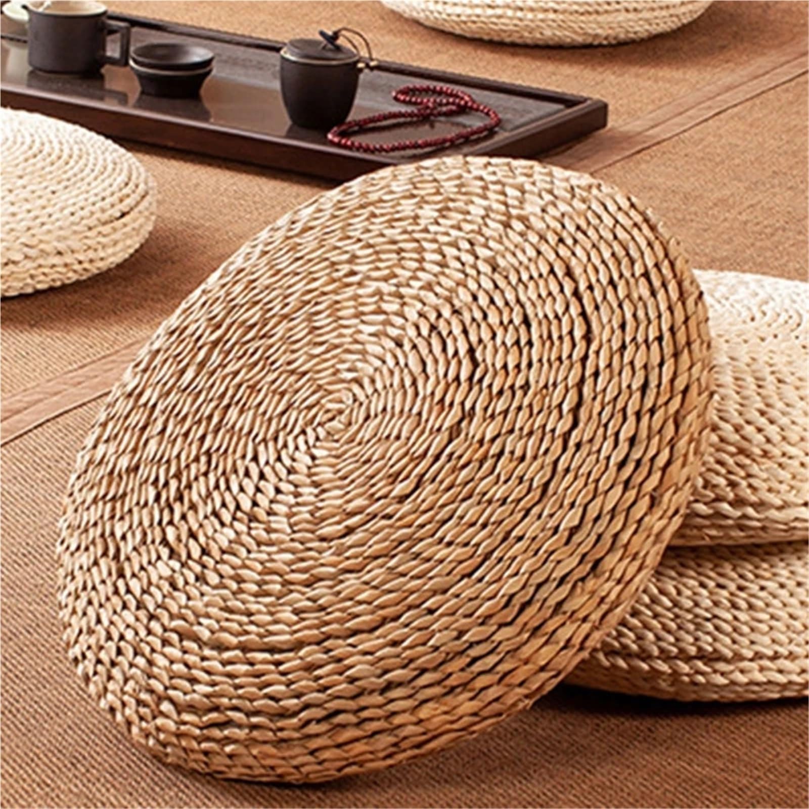 Tapis de méditation Yoga Pouf rond mince paille rotin tissé for le tapis coussin siège for salon à la maison pour Méditation