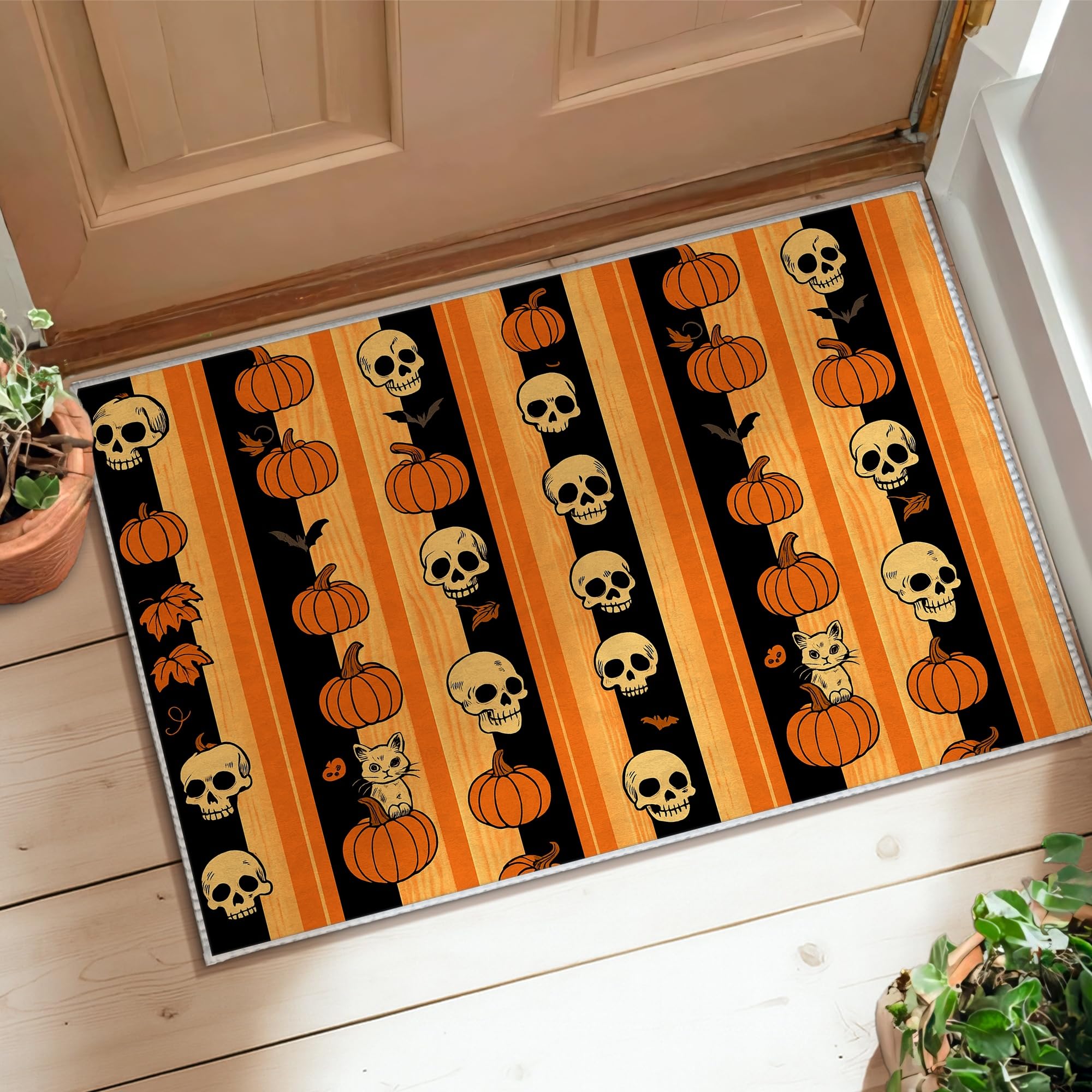 Tapis tête de mort à poils ras noir motif fantaisie citrouille