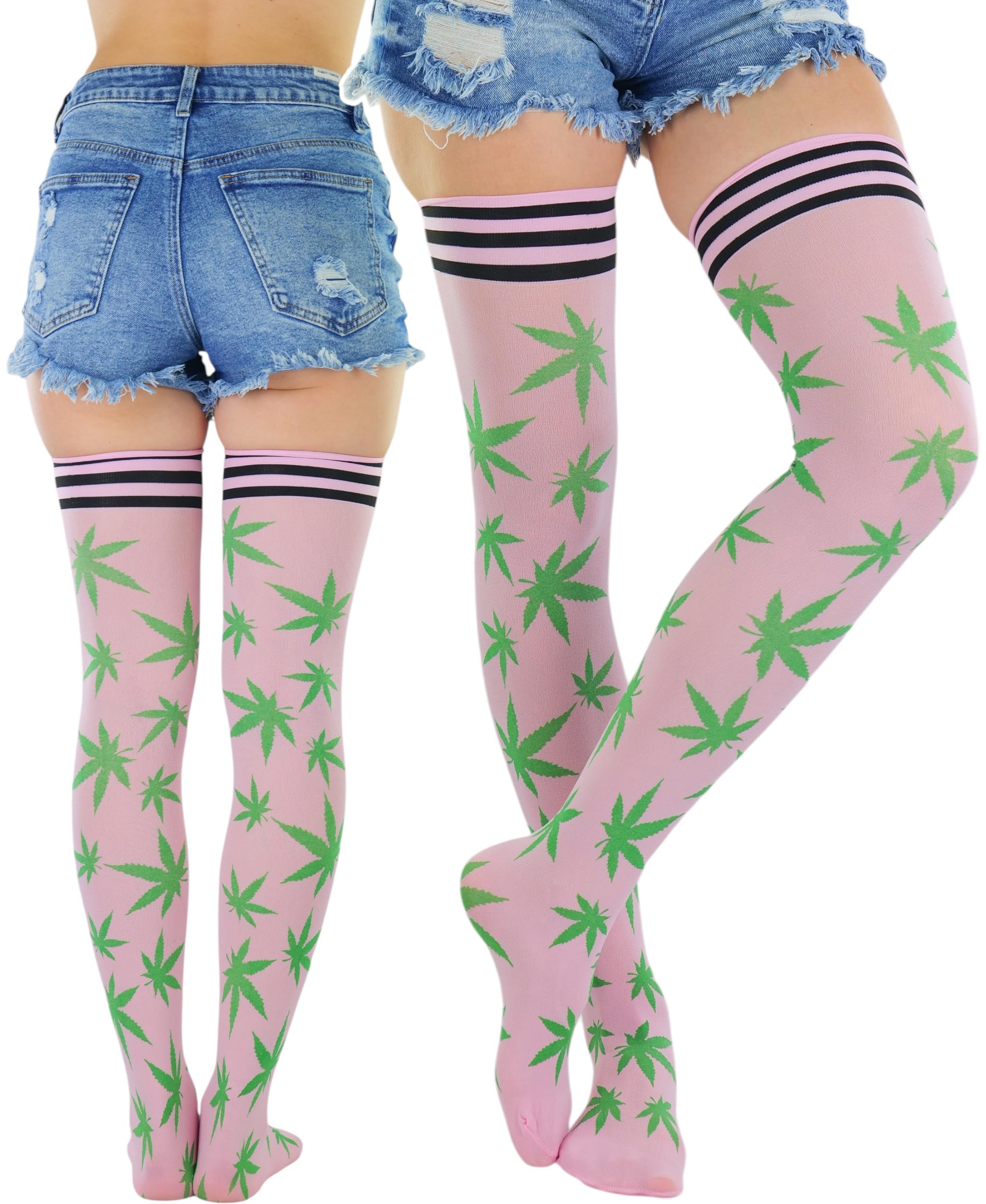 ToBeInStyle Women’s Thigh High Stockings Bodystocking Tights Medicinal Cannabis Marijuana Weed Leaf Print Festival Hosiery
