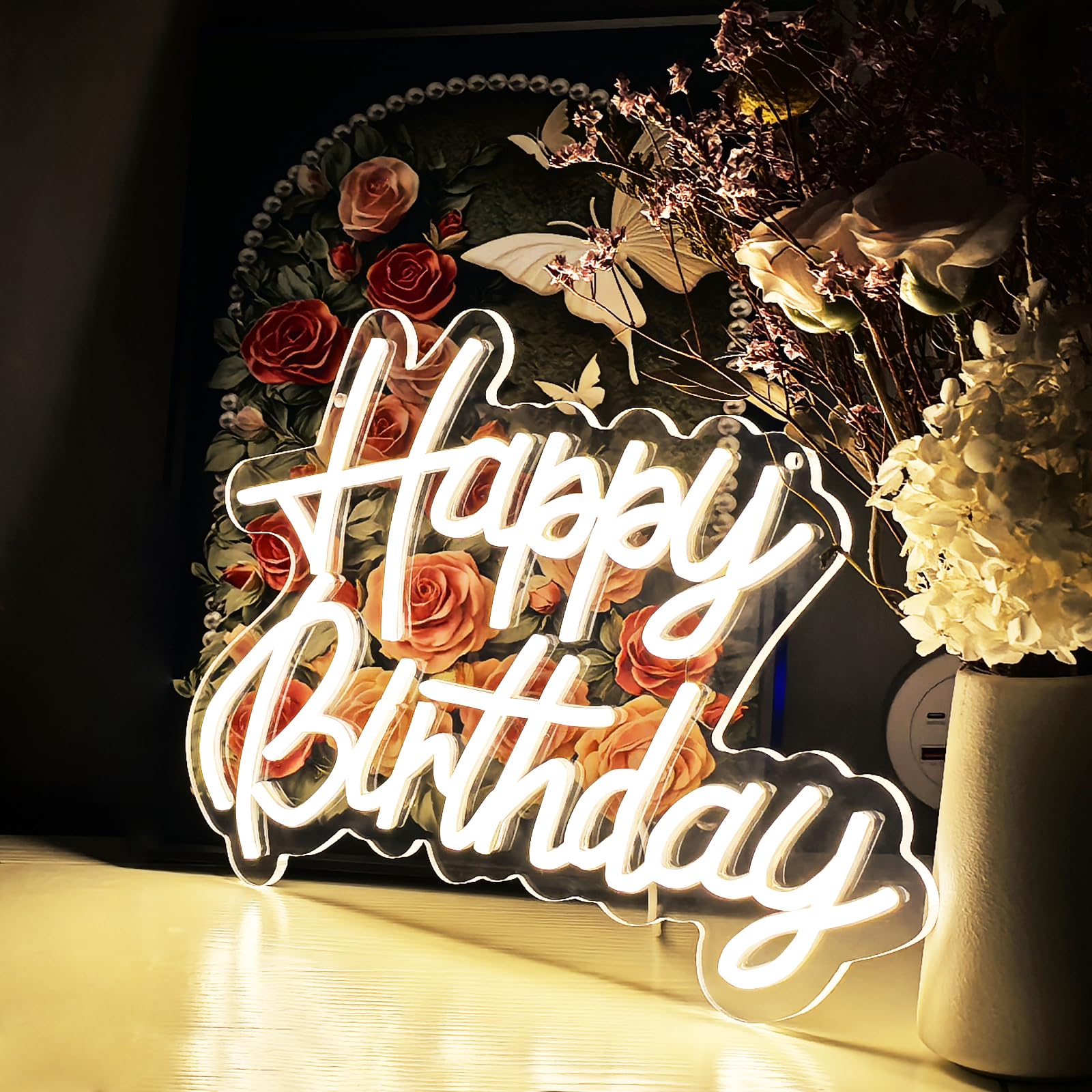 Neonowe znaki LED "Happy Birthday", ciepła biel, dekoracja ścienna, podświetlany znak USB, na przyjęcie urodzinowe, Święto Dziękczynienia, Boże Narodzenie, dekoracja sypialni, 5 V (16,5 x 28 cm)