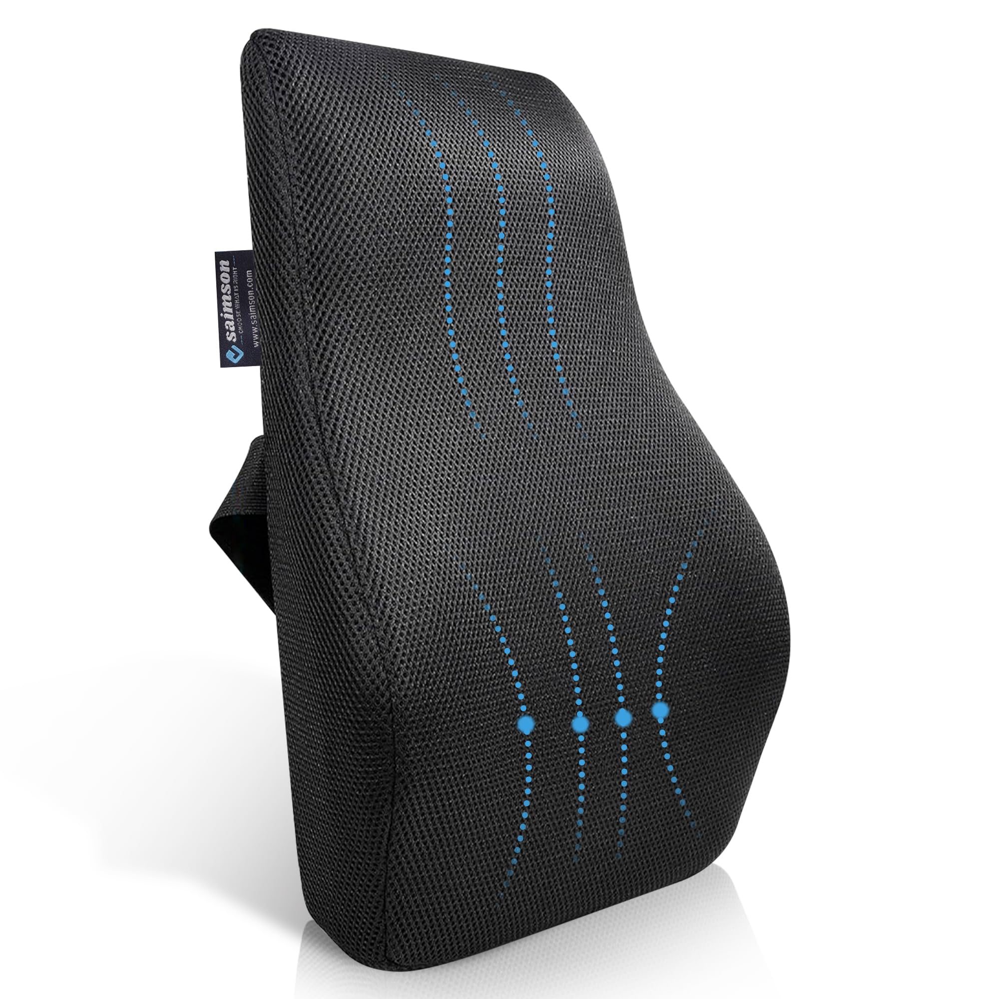 saimson Chair Back Support - 2 Yrs Warranty l Memory Foam Lumbar Support Cushion for Office Chair & Car Seat | Chair Back Rest for Better Posture & Lower Back Pain Relief | Ventilated Black Mesh
