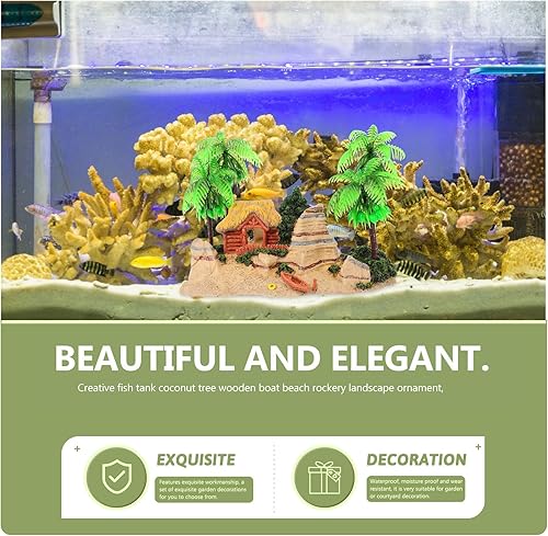 Miniatura 3 de POPETPOP Decoración de acuario para acuario, decoración de pecera, decoración de barco, decoración romántica de playa, cocotero, casa de madera,