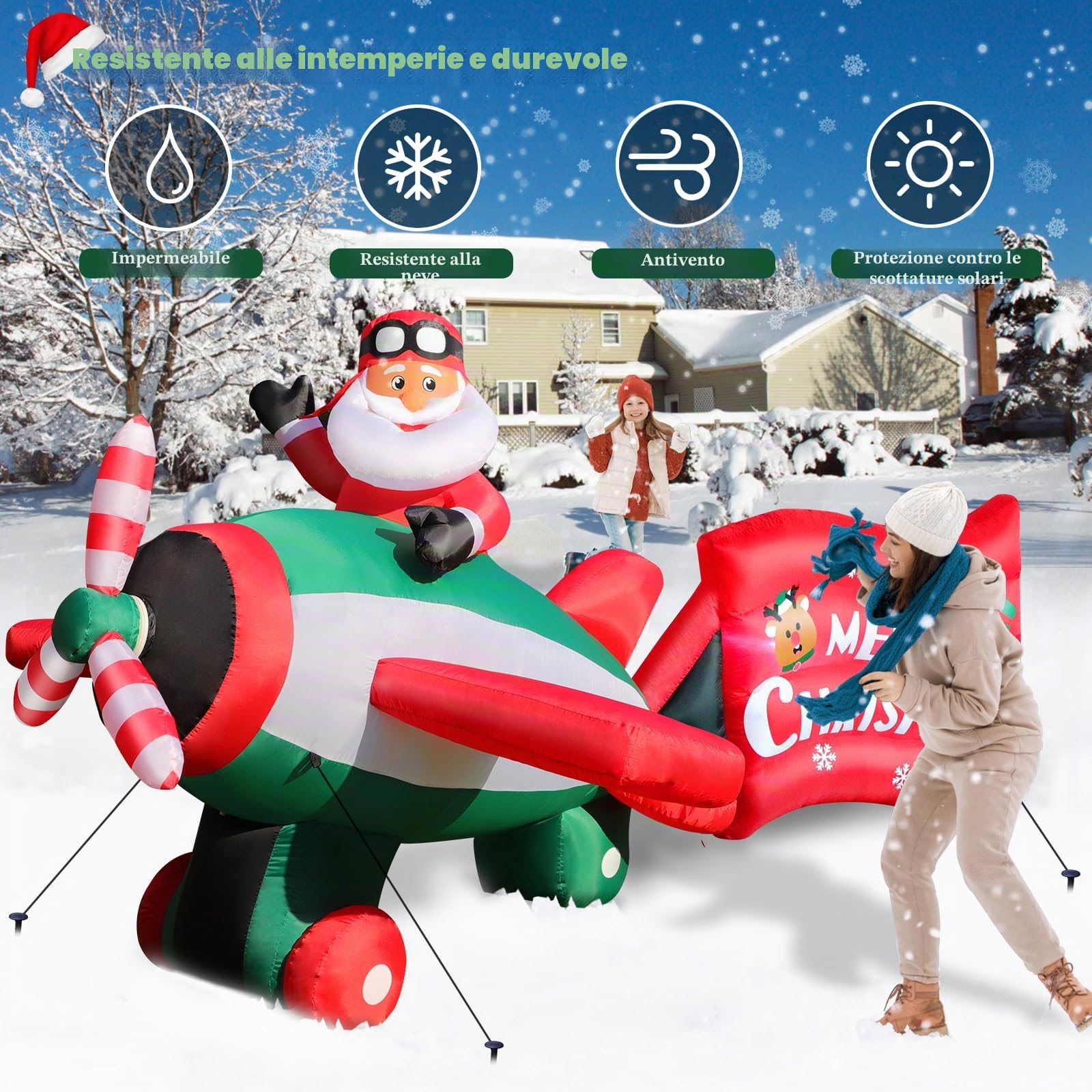 320 cm Babbo Natale Gonfiabile con ventilatore, 10,5 piedi Figura Gigante con Combattente, Luce LED Deco Invernale Natalizia IP44 Resistente alle Intemperie per Cortile Giardino Interno Prato Esterno