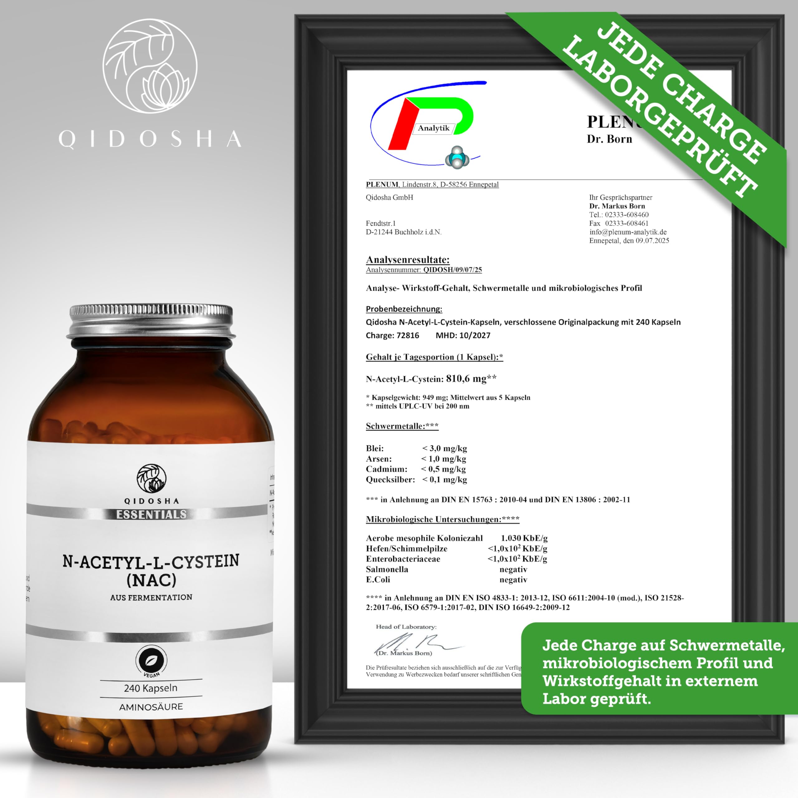 QIDOSHA® NAC 800 Kapseln hochdosiert, 240 Kapseln im Apothekerglas, 800mg N-Acetyl-L-Cystein je Kapsel, vegan, laborgeprueft, deutsche Fertigung