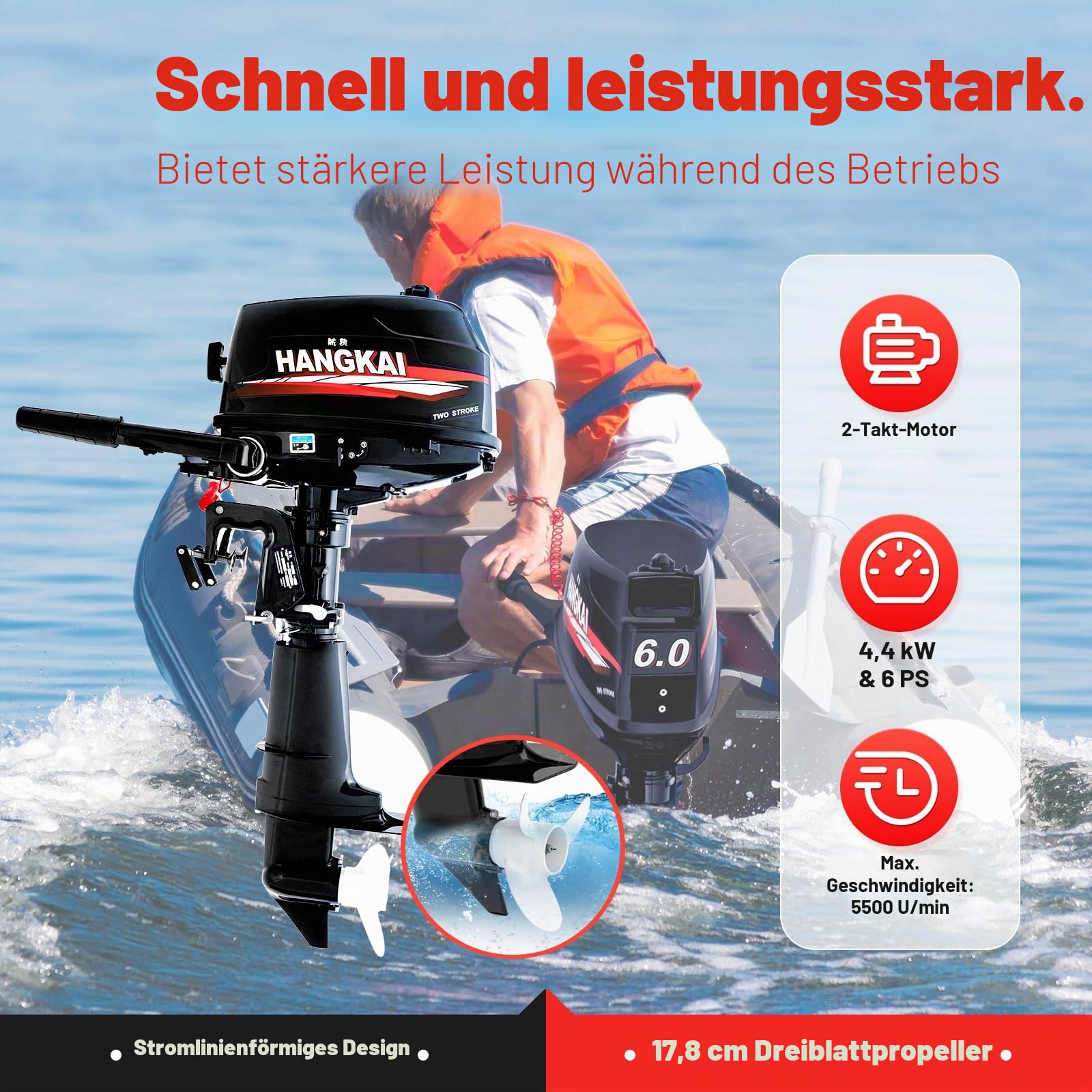 2-Takt Außenbordmotor, 6 PS Aussenborder Bootsmotor mit CDI Zündsystem, 102CC Leistungsstarker Benzinmotor für Schlauchboote Fischerboote Bootsmotor Angeln