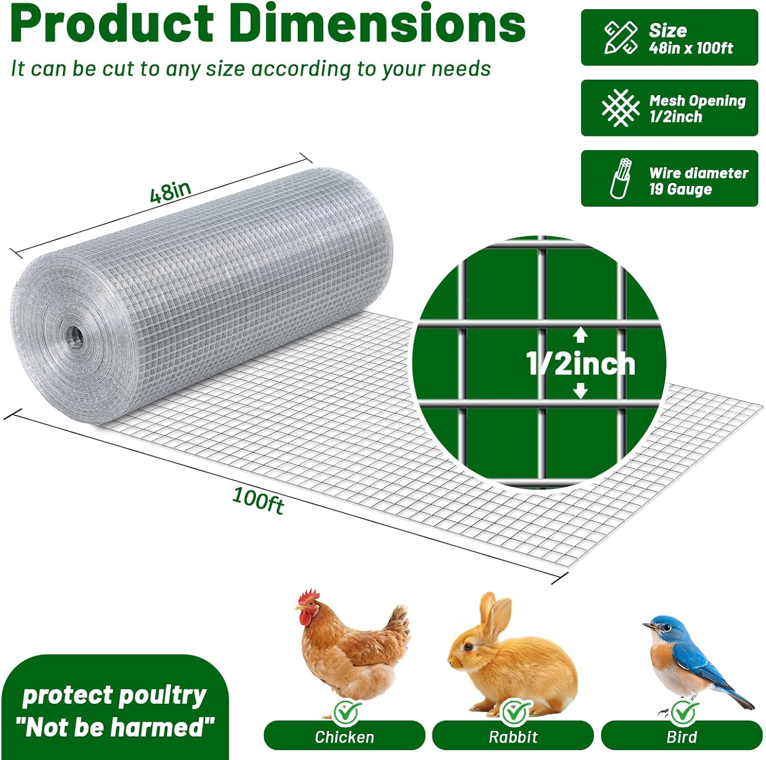 1/2 Inch Hardware Cloth 19Gauge 48in×100ft Galvanized Chicken Wire Mesh Heavy Hot Duty Welded Wire Fence for Chicken Coop, Garden Fence, Animal Enclosures, Poultry Run & DIY Home Projects
