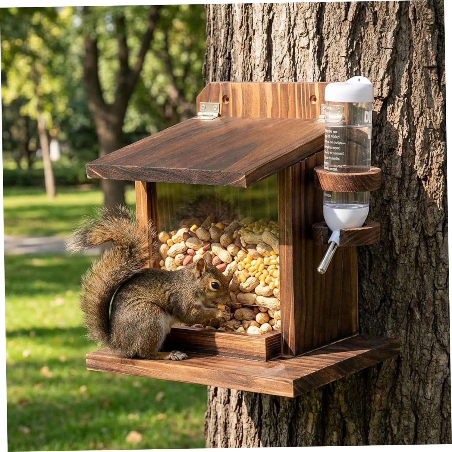 Squirrels Feeder, Wooden Chipmunk Feeder with Water Bottle & Roof, Wall Mount Chipmunk Feeding Station, 9.8x9x7in Squirrels Feeders