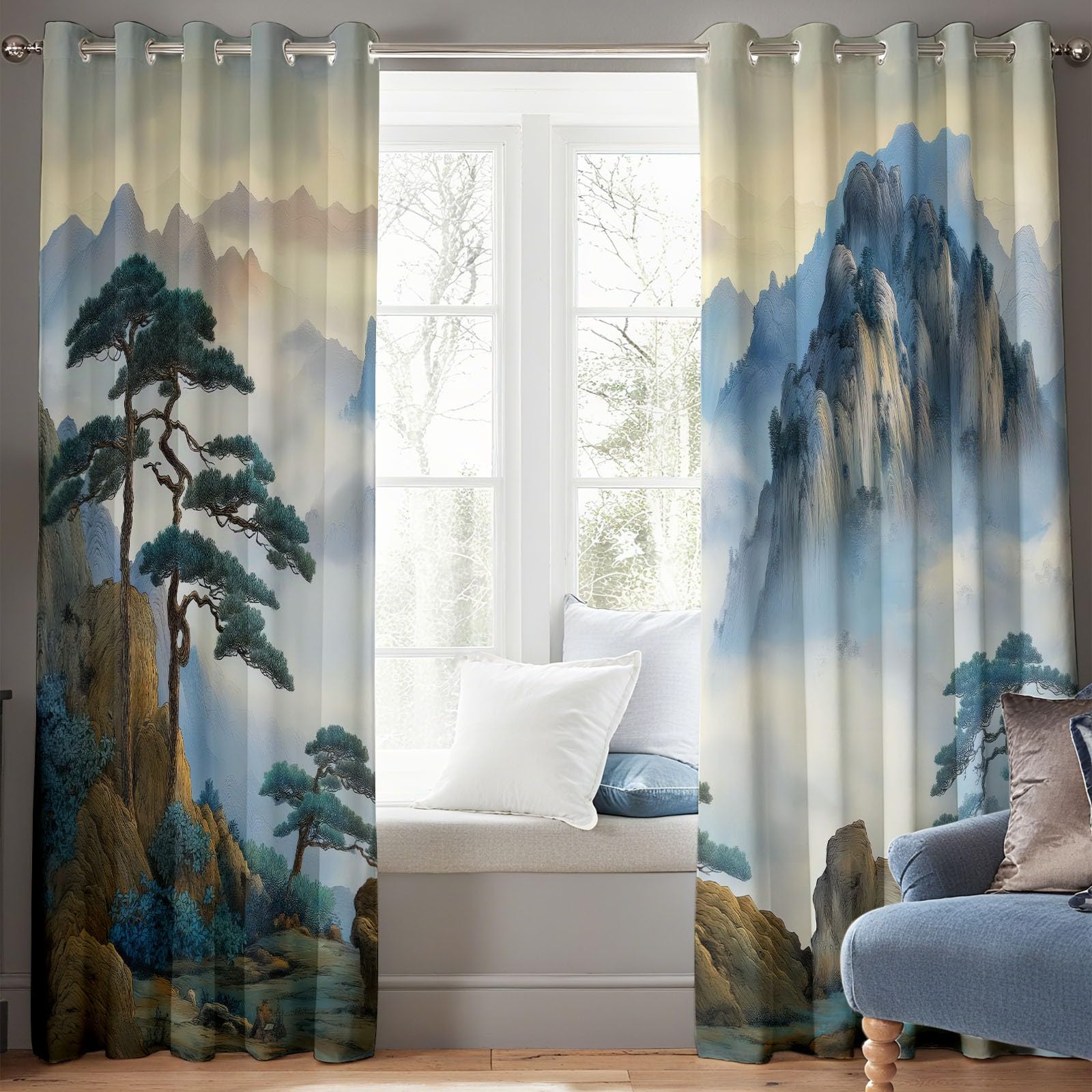 Bleu-Gris Rideaux Occultants Thermiques 280 x 260 cm Pins De Chine, Montagnes, Nuages – Rideaux Isolants Anti-Froid & Anti-Chaleur, Tissu Épais Haut de Gamme, Parfait pour Salon, Chambre ou Bureau