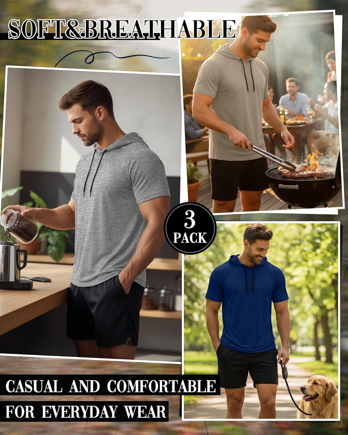 Ficerd 3 Pack Big and Tall Men's Hoodie Short Sleeve Workout T Shirts Casual Running Athletic Pullover Sweatshirt - Image 5